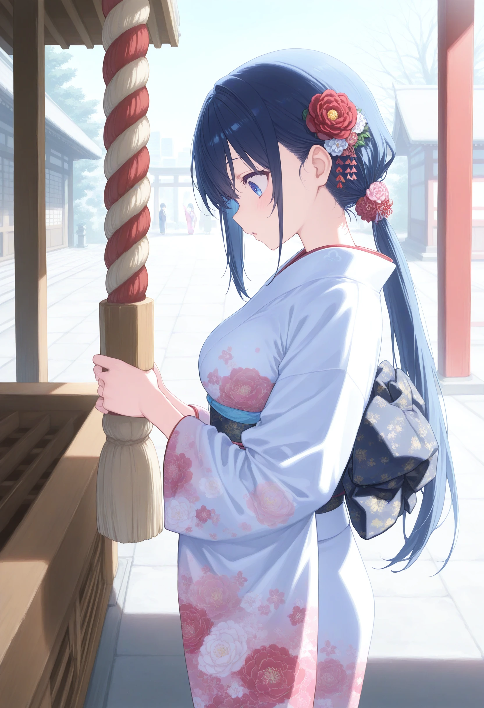 1girl,(sho \(sho lwlw\):0.7),(toosaka asagi:0.5),(sincos:0.3),solo,
masterpiece, best quality, newest, absurdres, CG, anime, source anime, illustration,
medium breasts,
hrine bell, japanese clothes, kimono, hair flower, print kimono, furisode, rope, outdoors, shrine, standing, new year, shimenawa, hatsumoude, donation box, holding,  <lora:shrinebell_Illust_v1:0.8>
from side, cowboy shot, looking down, blue hair, blue eyes,surprised, Madrid city, open mouth, low ponytail hair,,