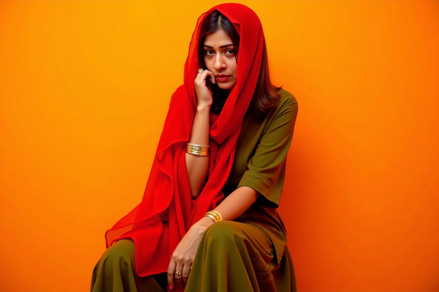 payalrajputukohwx seated against a vibrant, bold, solid orange-yellow wall.  Medium-toned skin, shoulder-length brown hair, and a serious, thoughtful expression.  She wears a flowing, olive-green Indian-style garment, potentially a salwar kameez, with a vibrant crimson, sheer scarf draped over her head, obscuring her face partially.  Visible are delicate golden-toned bracelets on her forearms, giving a sense of cultural detail. The lighting is soft, casting subtle shadows around her. The image has a studio portrait aesthetic.  Muted, soft tones in a simple composition.  The  scarf texture is smooth, sheer fabrics.  The color palette is limited to a few key colors; a focused composition of solid color backdrop and the attire/scarf.  The overall mood is evocative, melancholic, and introspective.  The light source is seemingly studio-focused and directional, not harsh, producing soft yet defined shadows emphasizing the figure.  The portrait style evokes a sense of quiet contemplation, captured in a candid moment.
