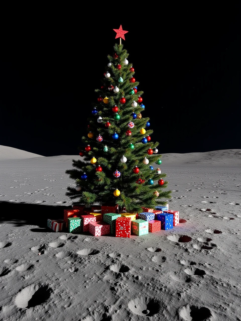 This is a photo taken on the surface of the moon of a tall Christmas tree covered with colorful lights and various Christmas decorations, a pile of colorful gift boxes underneath the tree, and the tree amidst a barren patch of lunar soil and meteorites, next to the famous footprints left by humans on the moon.
coh24,Christmas tree.