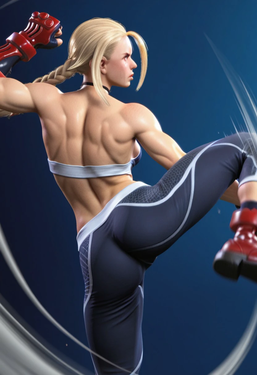 masterpiece, best quality, 32k, high resolution, absurdres, 3d, cammy white, braid, pendant, choker, muscular female, pants, nose, black choker, motion blur, flying kick, from behind, back