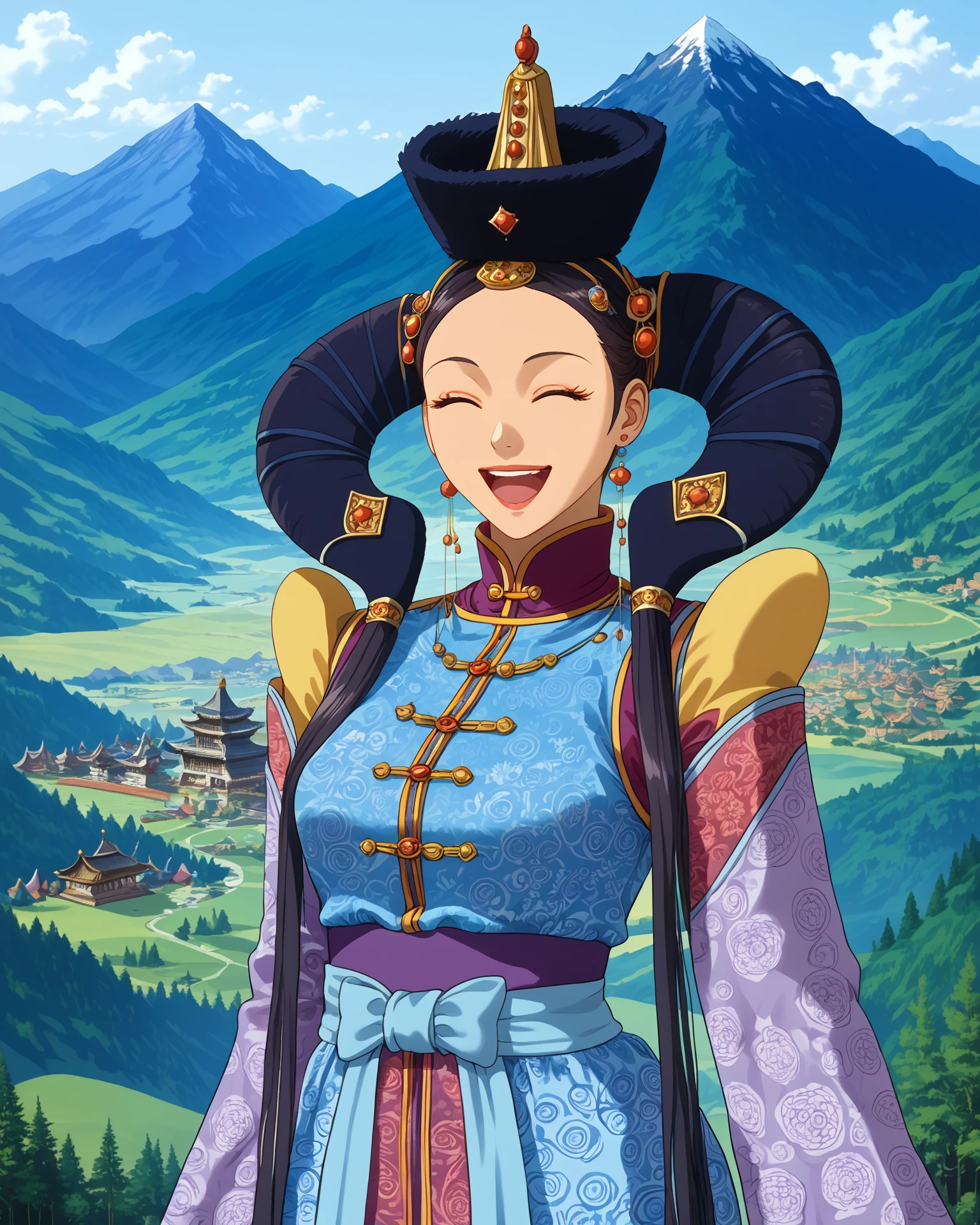 1girl, monfa, waist-up, happy, beautiful mountain scenery, masterpiece, highest quality, absurdres, digital art, very detailed, score_9, score_8_up, score_7_up, <lora:MongolianFashion_XL:1>,  <lora:[pony]Sunagawa Tara:1> sunagawa tara