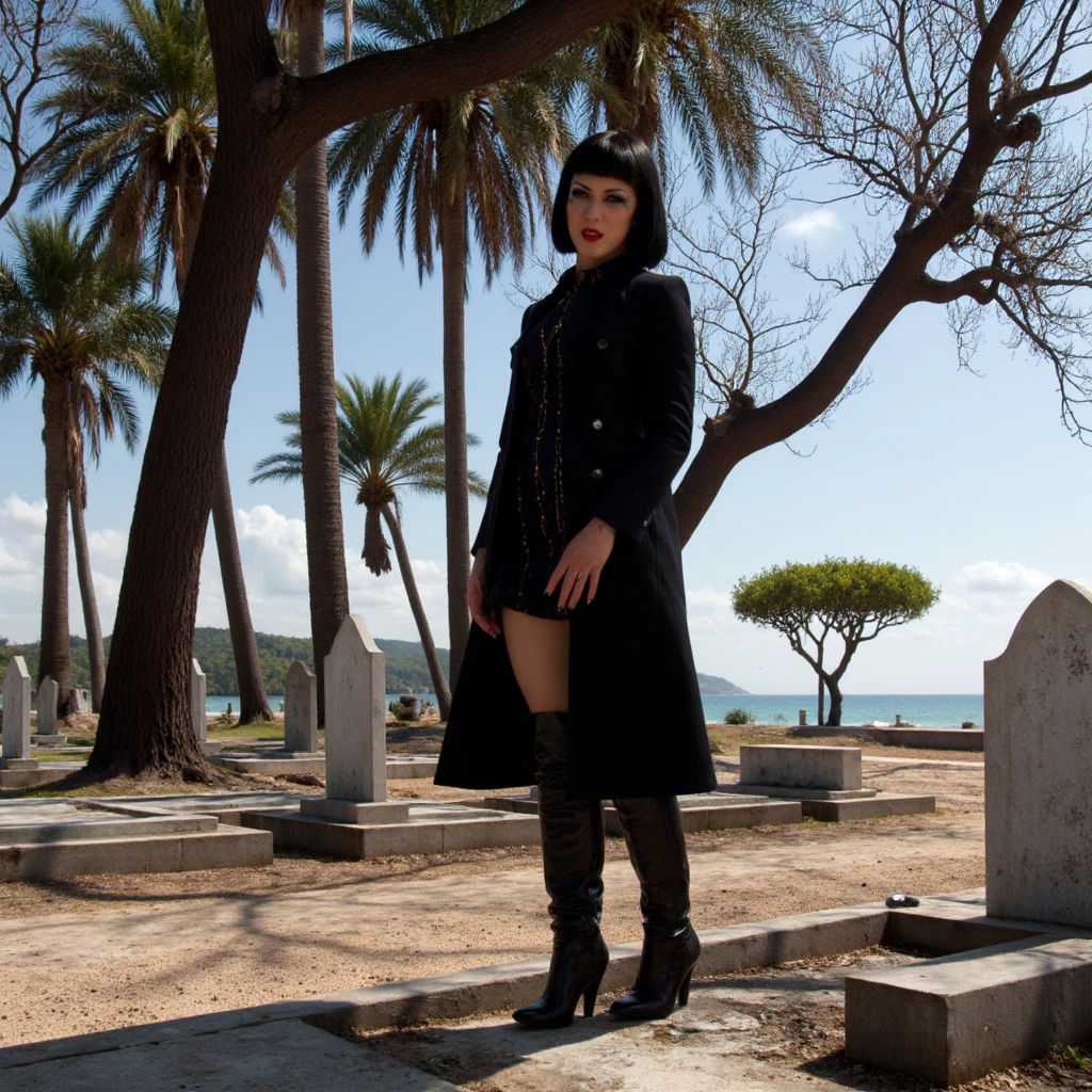 ultra realistic, ultra defined textures and colors, analog photography, 35mm film, prismatic effects lighting,  cinematic, blue hour lighting ,dark gothic young woman, wearing a beautiful high neck dress, a  long gothic coat,big high leather boots, looking directly at the viewer with nice smile, teeth, She's standing  in an abandoned graveyard,  spotlight lighting highlighting her beauty. The background features a beautiful midday beach.  <lora:Asphyxia-Noir:1>