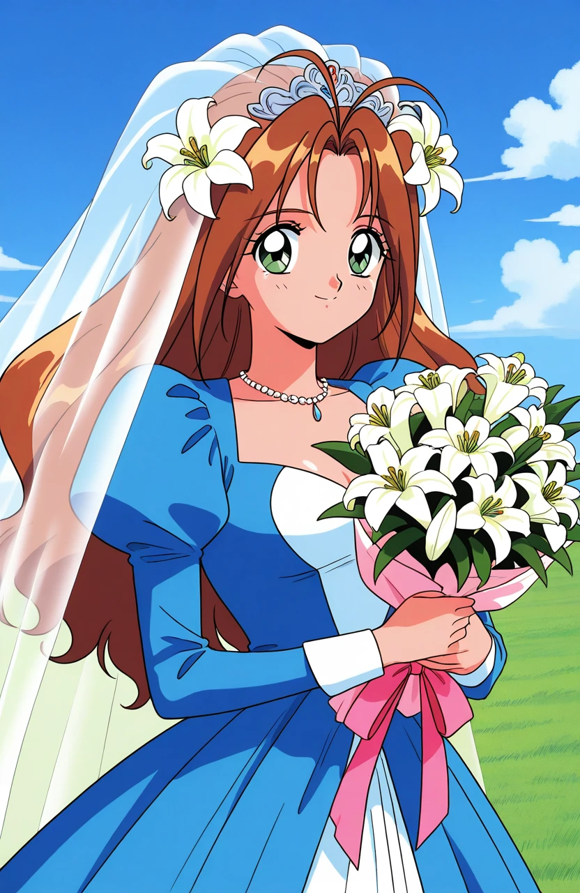 general,highres, ultra-detailed,very aesthetic,best quality ,best hands,  BREAK <lora:Tanima_Yuri_IS:1> Tanima_Yuri, 1girl, solo, long hair, brown hair, green eyes, breasts, antenna hair, 1990s \(style\),anime coloring,
 flower, light blue dress, bouquet, veil, 
lily (flower), hair ornament, hair flower, smile, wedding dress, blue dress, puffy sleeves, long sleeves, bridal veil, bow, juliet sleeves, pink ribbon,
sky, grass,