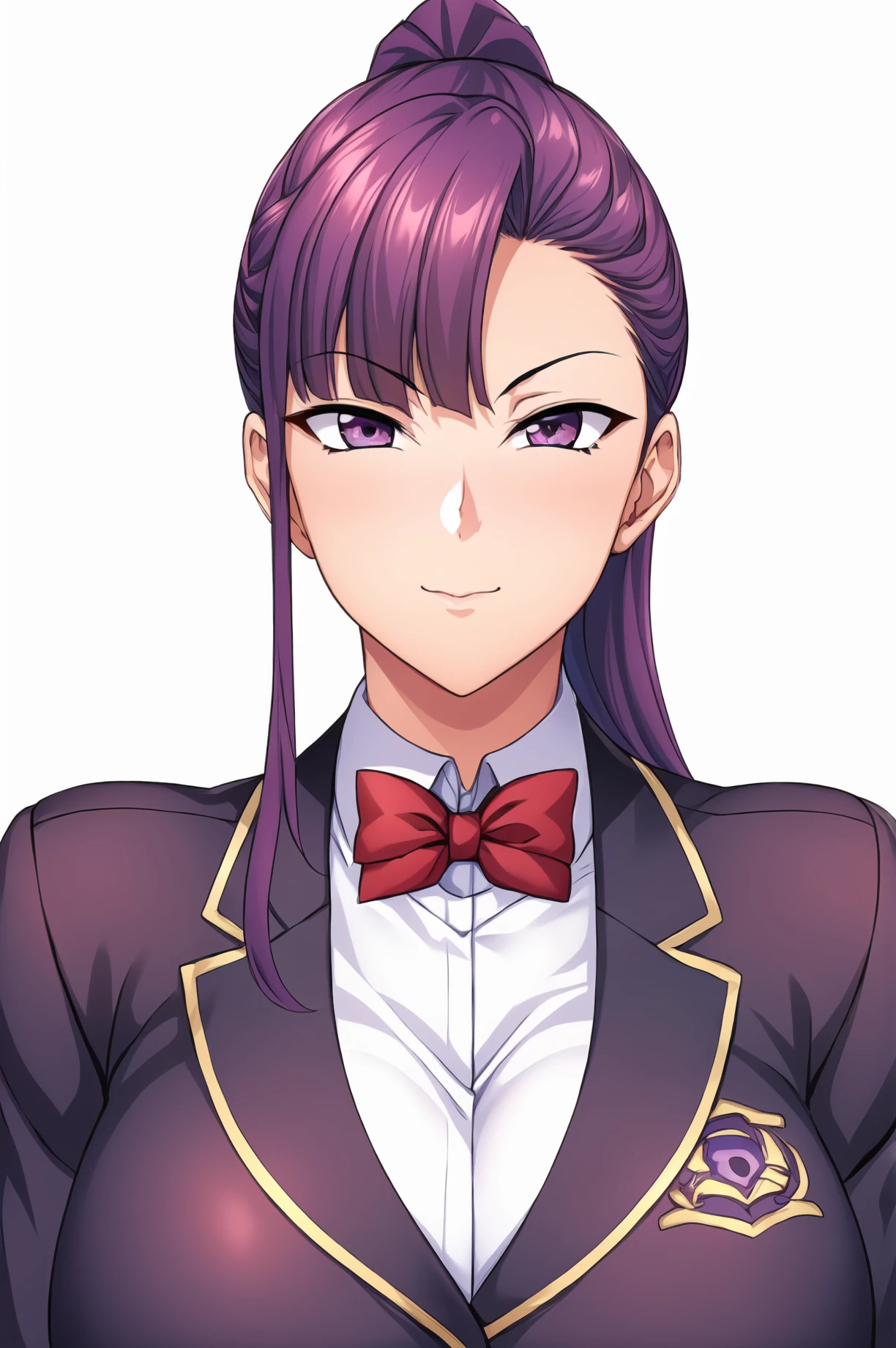 Simple Background,(White_Background:1.1),
dynamic pose,standing at attention,
school_uniform, Blue_jacket, red_bowtie, pleated_skirt, long sleeves,
<lora:Himuro_Aya_SaiminSeishidouSL-KK77-V1:0.7>, Himuro_Aya_SaiminSeishidouSL,
purple eyes, purple hair,bangs,ponytail,
<lora:more_details:0.1>,<lora:NovelAI_YesMix5_KKStyle-KK77-Yes5-V1:0.3>,<lora:Oda_Non_Style2-KK77-Yes5-V1:0.3>,
1 girl, 20yo,Young female,Beautiful long legs,Beautiful body,
Beautiful Nose,Beautiful character design, perfect eyes, perfect face,expressive eyes,perfect balance,
looking at viewer,(Focus on her face),closed mouth, (innocent_big_eyes:1.0),(Light_Smile:0.3),
official art,extremely detailed CG unity 8k wallpaper, perfect lighting,Colorful, Bright_Front_face_Lighting,White skin,
(masterpiece:1.0),(best_quality:1.0), ultra high res,4K,ultra-detailed,
photography, 8K, HDR, highres, absurdres:1.2, Kodak portra 400, film grain, blurry background, bokeh:1.2, lens flare, (vibrant_color:1.2),professional photograph,
(Beautiful,large_Breasts:1.4), (beautiful_face:1.5),(narrow_waist),