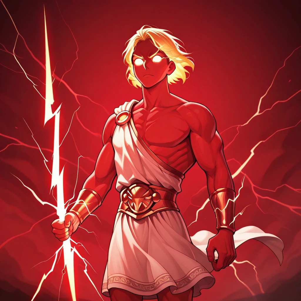 masterpiece, best quality, HoldingZeusThunderBolt, holding lightning, 1boy, solo, blonde hair, short hair, no pupils, glowing eyes, muscular, white roman clothes, cowboy shot, <lora:HoldingZeusThunderBolt_illustrious_Leaf2-000010:1>, red theme,