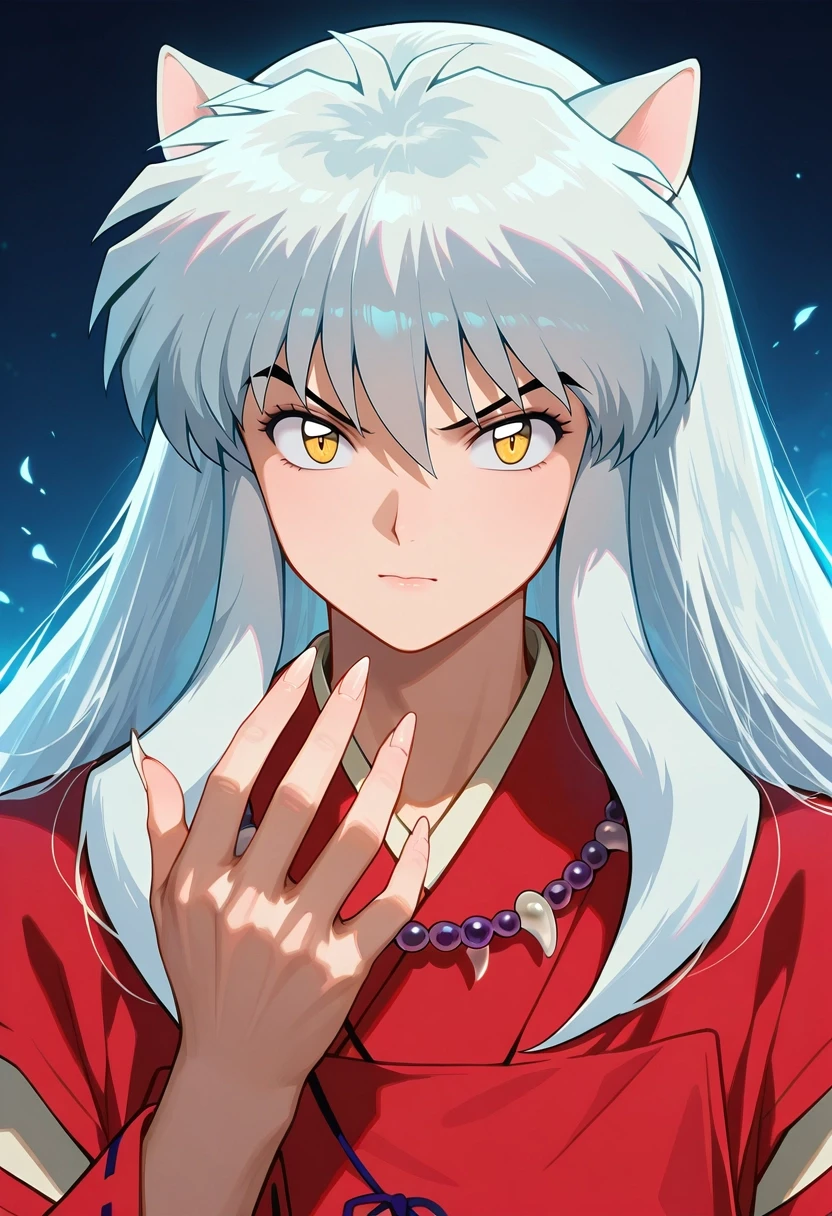 masterpiece, best quality, intricate details, (realistic:0.6), looking at viewer, , 1boy, solo, male focus, <lora:inuyasha_ilxl:0.92>, inuyasha, white hair, yellow eyes, animal ears, dog ears, long hair, necklace, jewelry, , red kimono, fingernails, sharp fingernails, ,