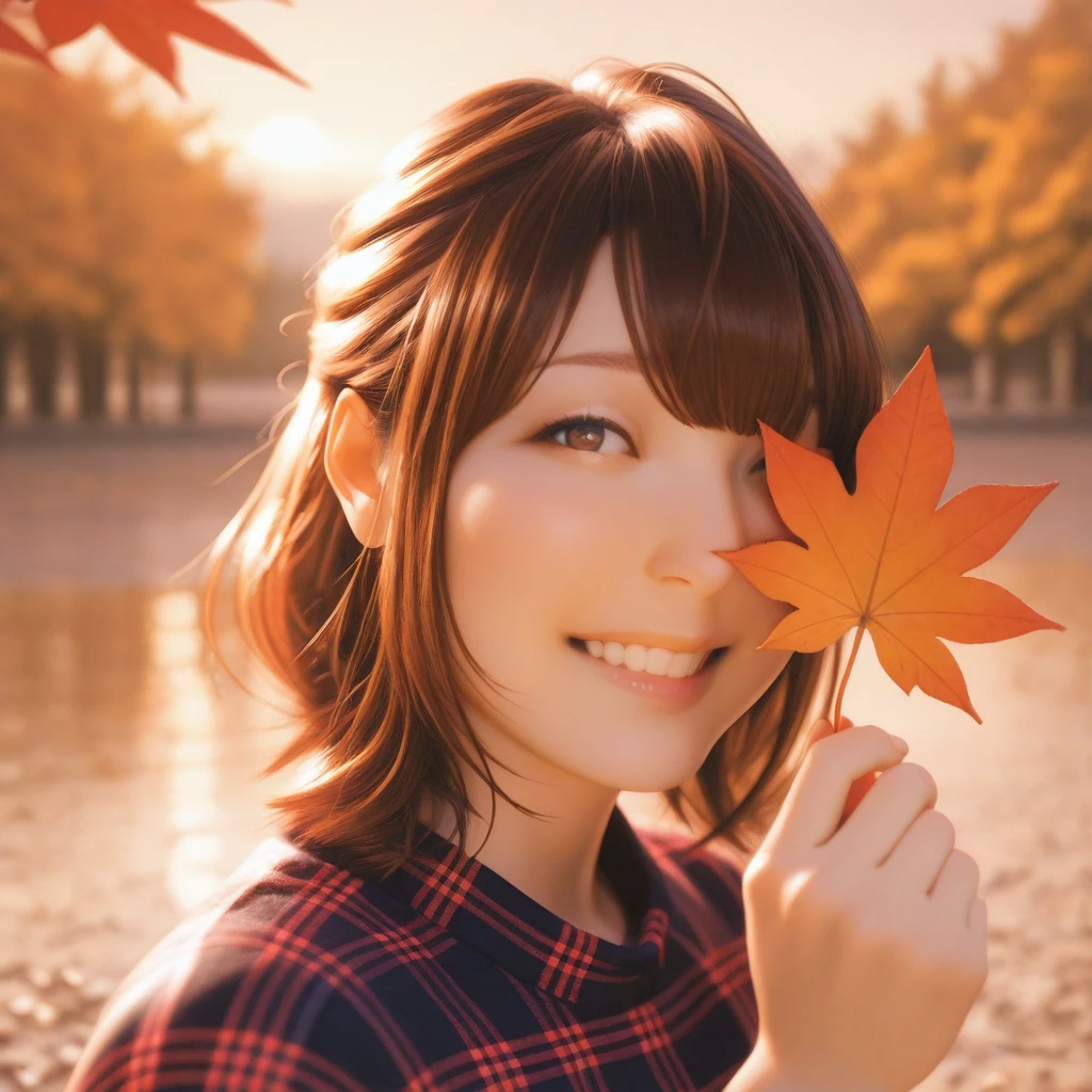 masterpiece, best quality,  <lora:Kanazawa Illust:1> kanahanazawa,  tied hair, smile, holding maple leaf, covering one eye, autumn, sunset, park, plaid dress, portrait,