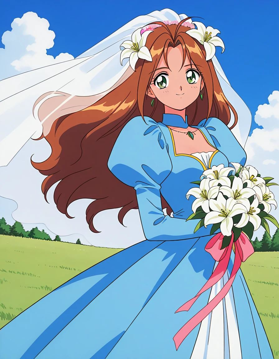 general,highres, ultra-detailed,very aesthetic,best quality ,best hands,  BREAK <lora:Tanima_Yuri_IS:1> Tanima_Yuri, 1girl, solo, long hair, brown hair, green eyes, breasts, antenna hair, 1990s \(style\),anime coloring,
 flower, light blue dress, bouquet, veil, 
lily (flower), hair ornament, hair flower, smile, wedding dress, blue dress, puffy sleeves, long sleeves, bridal veil, bow, juliet sleeves, pink ribbon,
sky, grass,