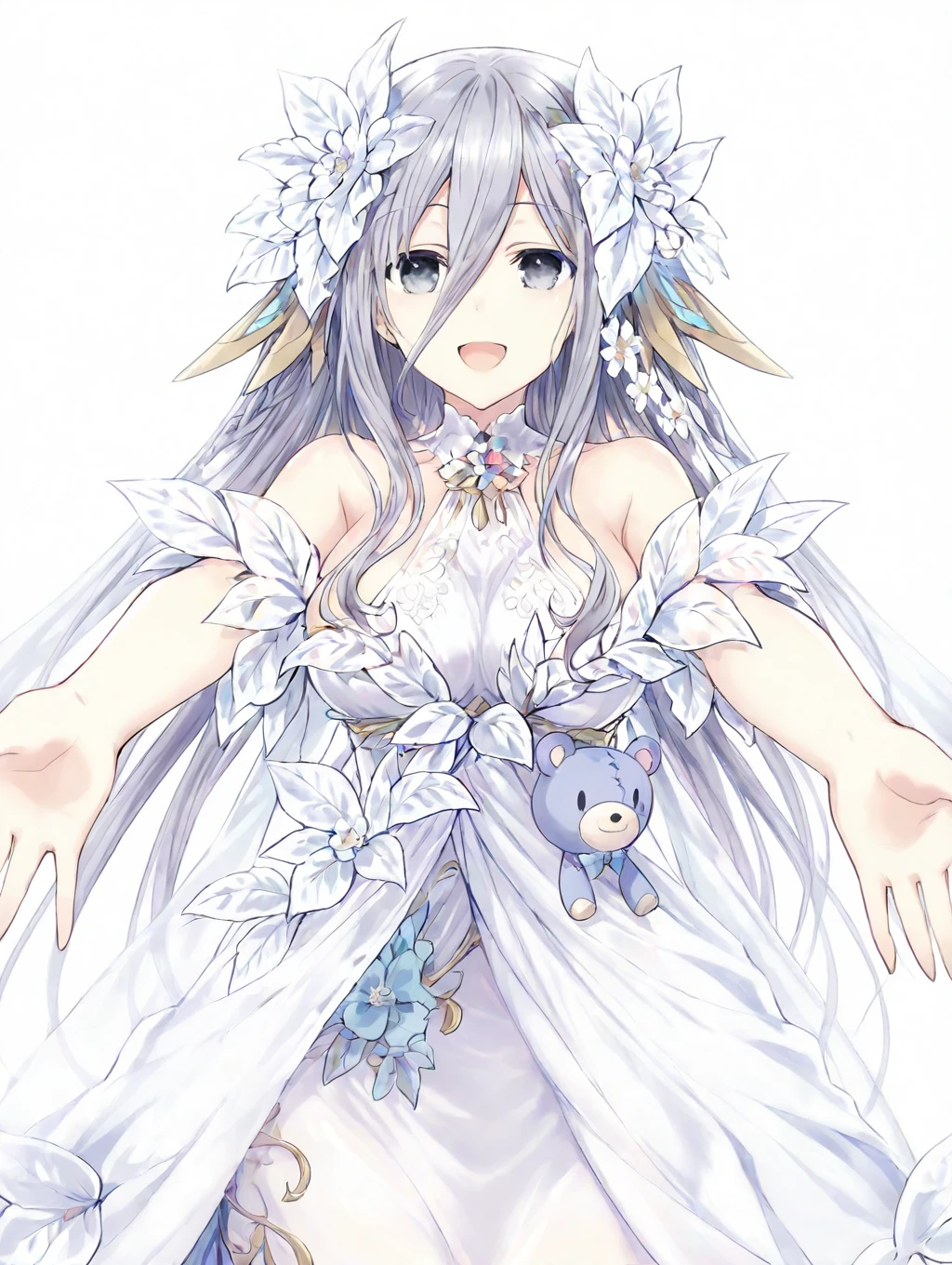 reine murasame,1girl,Mature women, 1girl, solo, long hair, breasts, looking at viewer, smile, open mouth, blue eyes, simple background, hair ornament, white background, dress, hair between eyes, bare shoulders, flower, :d, hair flower, white dress, grey eyes, stuffed toy, stuffed animal, outstretched arms