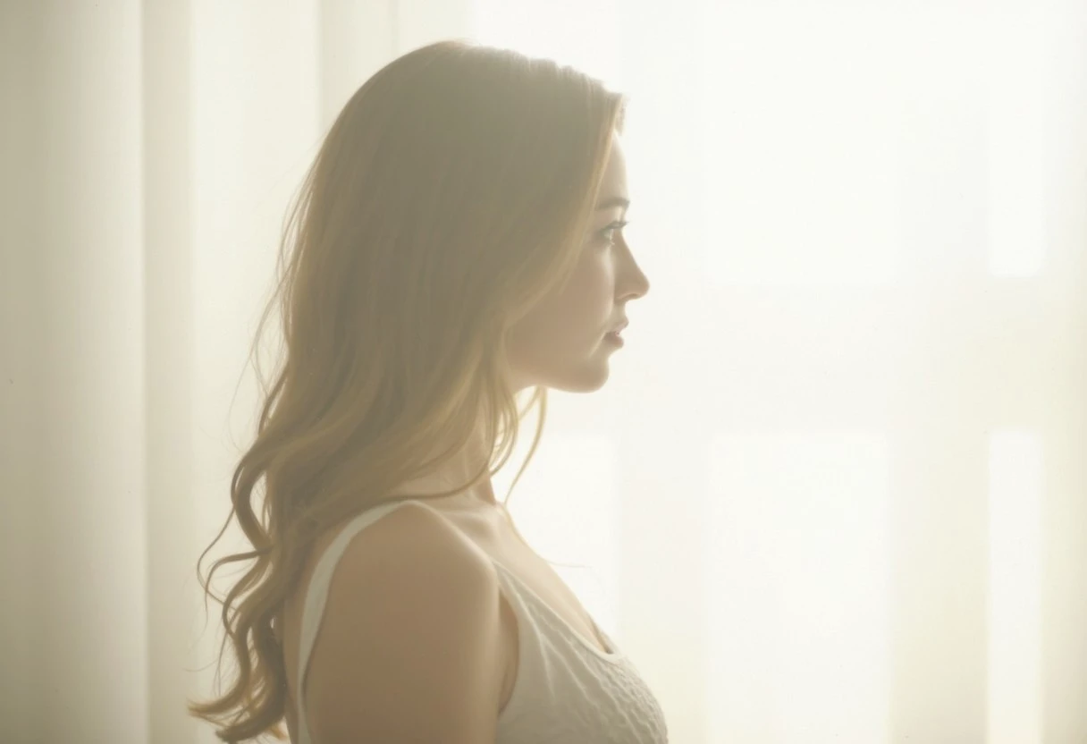 an aesthetic, minimalist depiction of a female profile in side view. The focus is on the soft contours and calm, monochromatic tones. The scene feels mystical and dreamy, almost as if viewed through a delicate mist, with gentle light accentuating the silhouette. The background is diffuse and creamy white, drawing attention to the elegant simplicity of the figure.