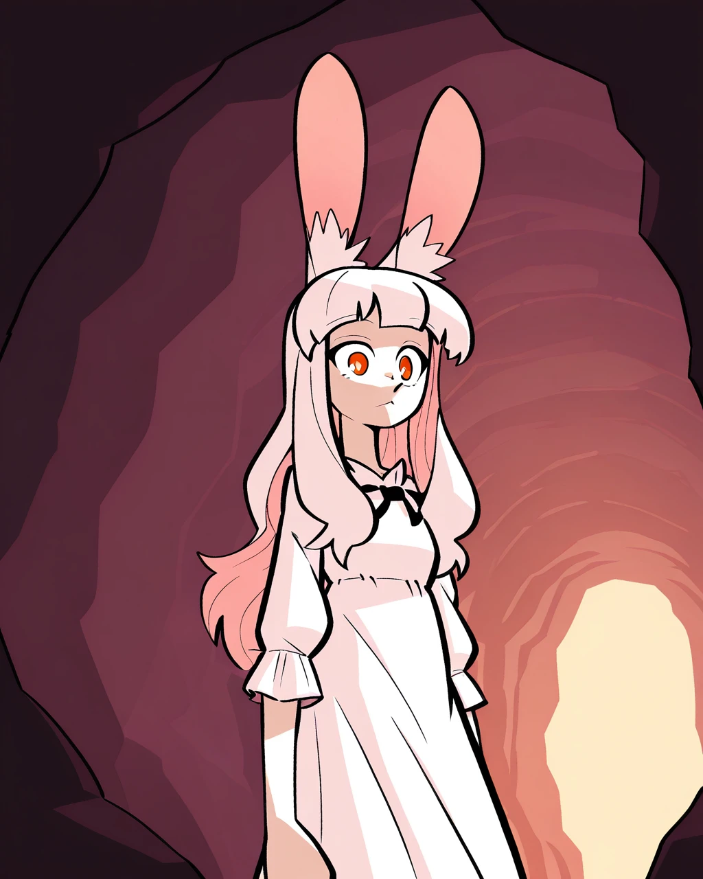 masterpiece, best quality, evnstnly, 1girl, solo, mrgrl, rabbit ears, white hair, white dress, expressionless, wide-eyed, standing, cowbow shot, cave, day 