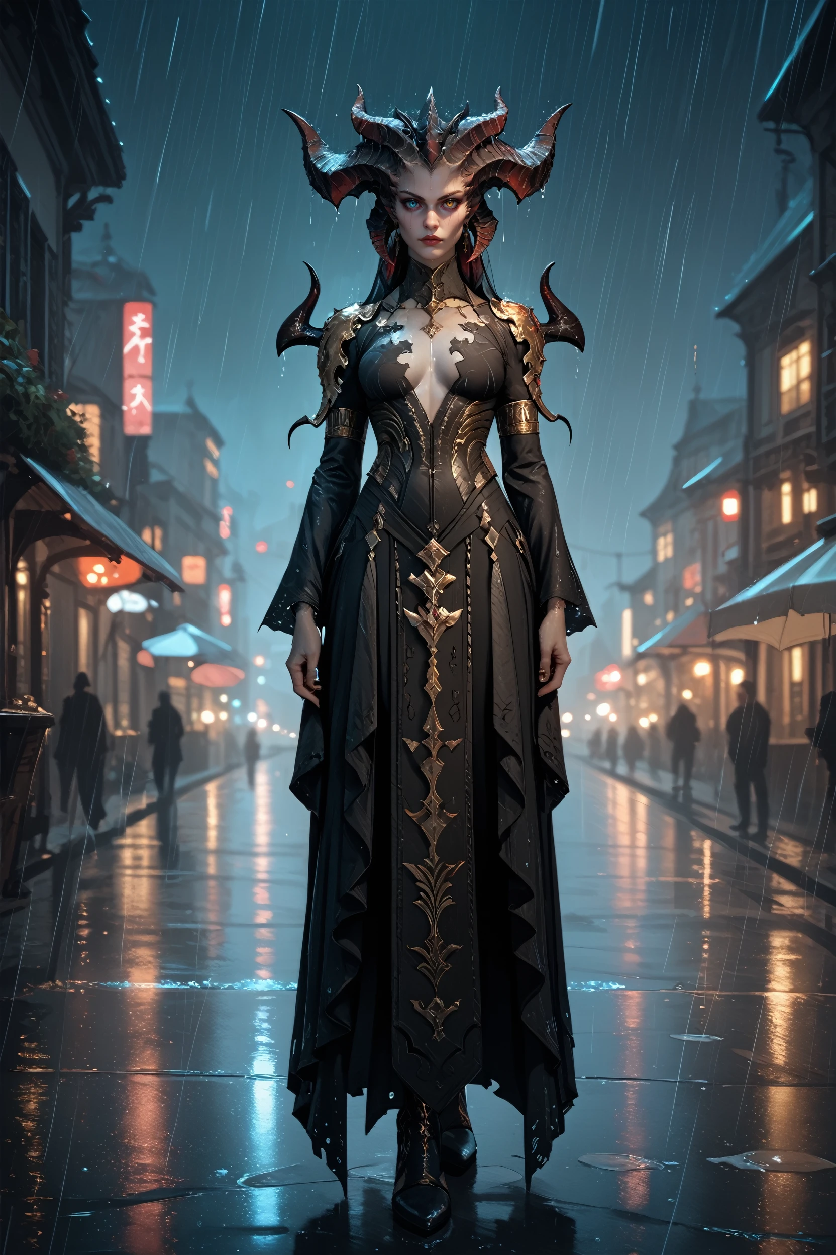 score_9, score_8_up, score_7_up, score_6_up
<lora:Di4Lilith:0.8>
D4Lilith, 1girl, heterochromia, gray skin, demon horns, looking at viewer, standing, full body, rain, at night, cityscape