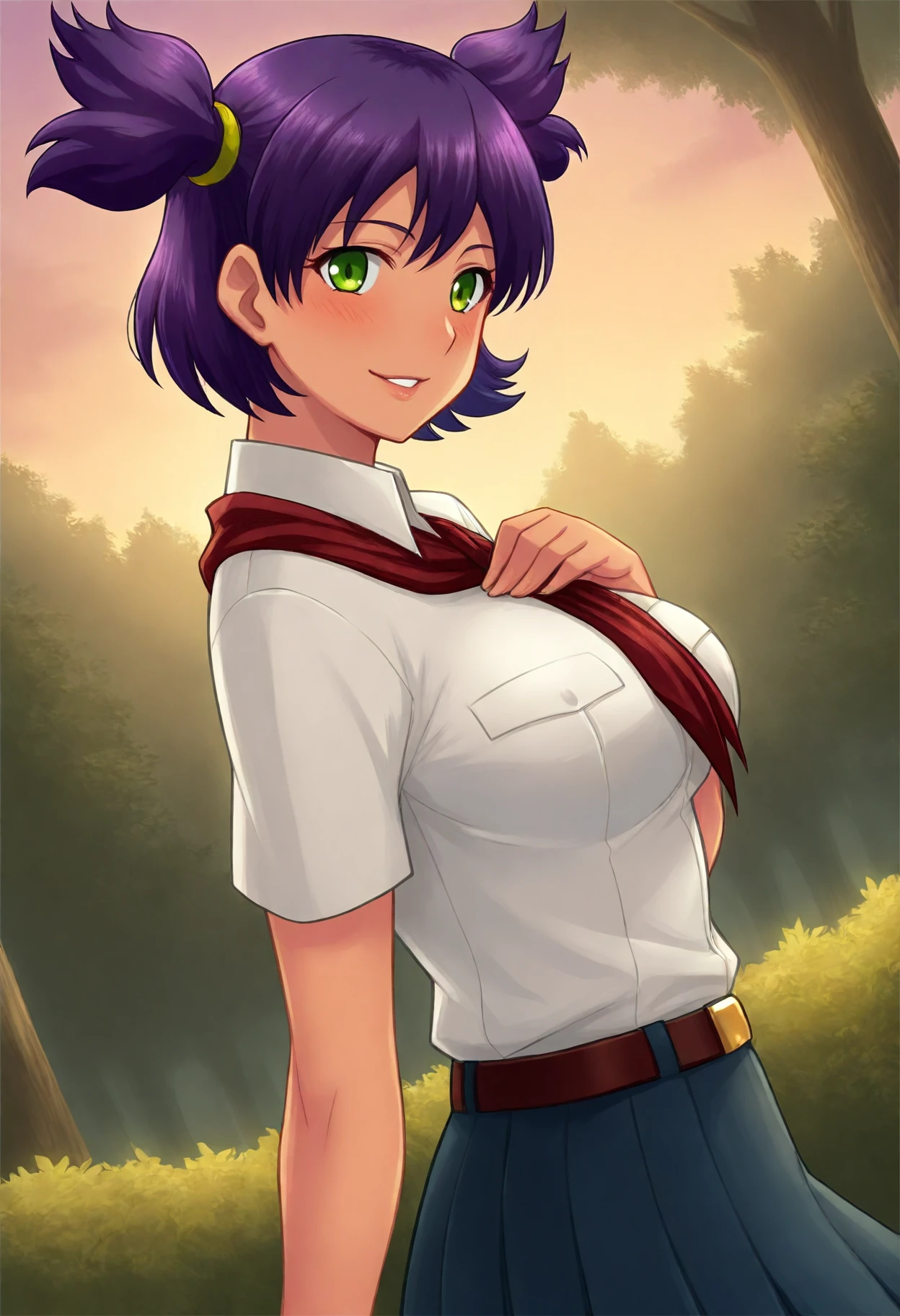 <lora:UnylIll++cWr-000009:1>
UnylIll, two side up, 1girl, green eyes, purple hair, short hair, hair tie, (dark-skinned female:0.2), medium breasts,  
pioneer neckerchief, belt buckle, pleated skirt, pioneer movement, breast pocket, red neckerchief, white shirt, blue skirt, brown belt, short sleeves,
blush, parted lips, smile, looking at viewer, hand on own chest, arm at side,
three, bush, plant, forest, sunset, from side, dutch angle, twisted torso,
(perfect quality, best quality, masterpiece, absurdres, newest)