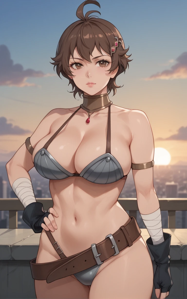 score_9, score_8_up, score_7_up, BREAK 
MainOutfit_Vierra_ownwaifu, 
1girl, brown eyes, brown hair, short hair, large breasts, antenna hair, bangs, toned, lips, thighs, 
bikini armor, gem, hair ornament, hairclip, neck ring, cleavage, bare shoulders, navel, fingerless gloves, swimsuit, black gloves, belt, jewelry, armlet, choker, bandages, collarbone, bandaged arm, sheath, brown belt, necklace, gloves, midriff, obliques, buckle, highleg, armband, belt buckle, highleg bikini, metal collar
 (contrapposto, hand on hip), sunset, sidelighting, cityscape, vanishing point, outdoors, <lora:PONYXL_MushokuTensei_Vierra_ownwaifu:1> , depth of field, solo,