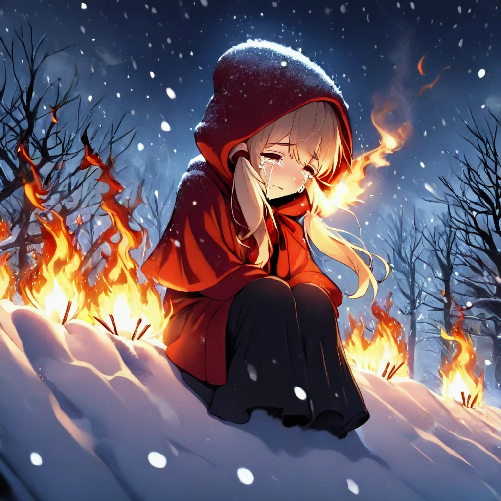 masterpiece, best quality, face focus, lit match, wildfire, bushfire, flaming, blaze, burning, 1girl, tears, crying, blonde hair, low twintails, hood up, red hooded jacket, black long skirt, capelet, fog, wind, steam, night, night sky, bare tree, snow, snowing, snowstorm, <lora:girllikelitmatch_ilxl:1>