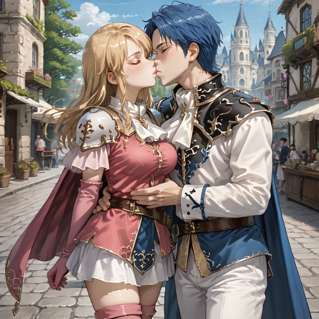 score_9,score_8_up,score_7_up, source_anime, soft lighting,nsfw, hires,high quality,best quality, medieval town, street, 1girl, 1boy, kissing, holding face, holding waist, size difference, kissing up, shorter female, taller male,
<lora:Lachesis_Fire_Emblem_Genealogy_of_Holy_War:1>,def_lachesis, pink shirt, white shoulder pad, thighhighs, cape, white miniskirt, zettai ryouiki, pink elbow gloves, pink thigh boots, belt, pleated skirt, blonde hair, smile, cleavage, big breasts, breast press, kissing,
<lora:Sigurd-pdxl_Fp:1>, sigurdfe4, blue eyes, blue hair, short hair, white coat, white pants, ascot, collar, armor, cape, long sleeves, kissing,