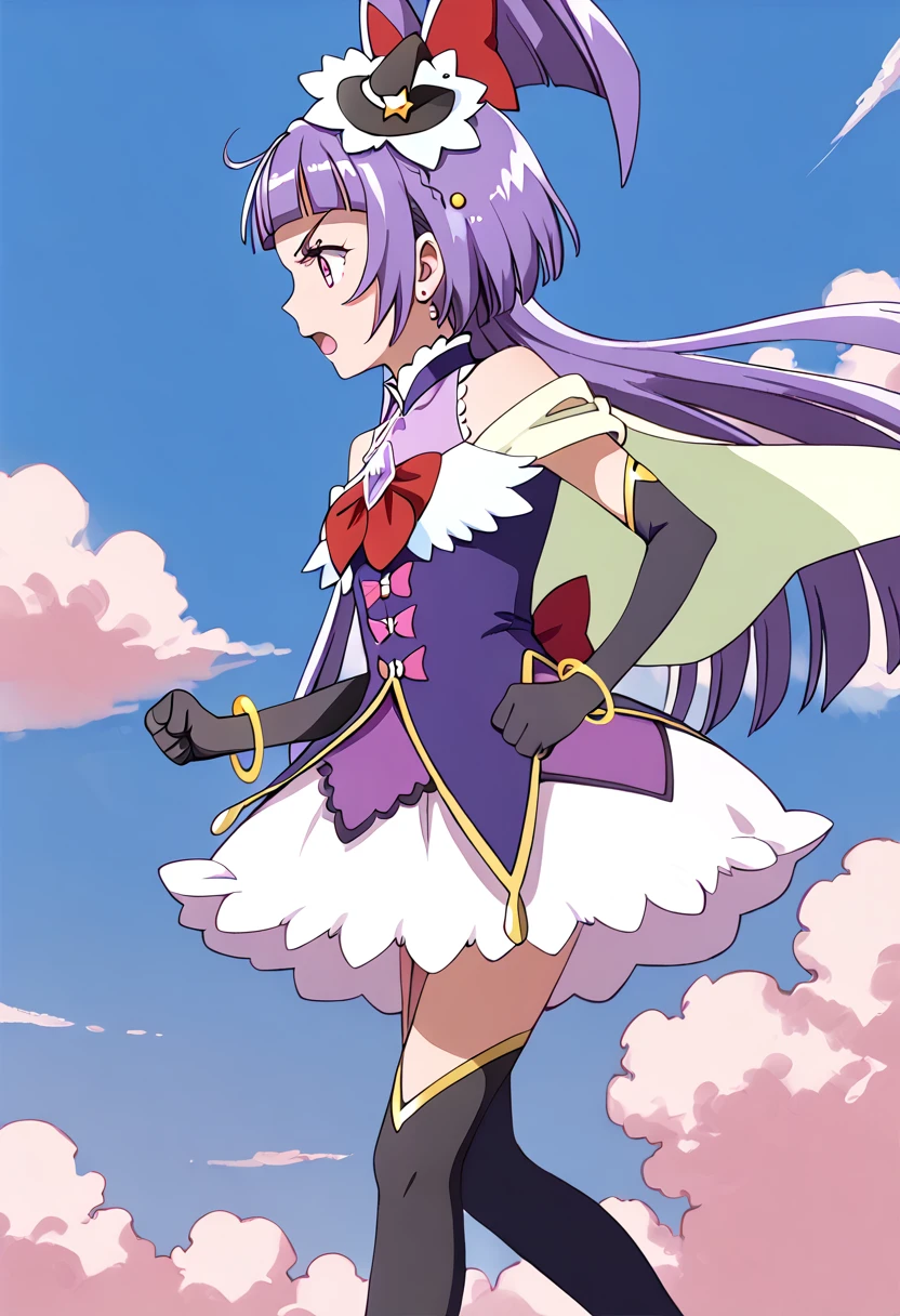 score_9, score_8_up, score_7_up, source_anime, BREAK
cure magical, cure magical \(diamond style\), crmgcldiamond, 1girl, solo, purple hair, witch hat, elbow gloves, open mouth, black gloves, bracelet, running, purple eyes, red bow, pink eyes, purple skirt, black legwear, clenched hands, shiny hair, zettai ryouiki, blunt bangs, white skirt, hair ornament, bare shoulders, mini witch hat, clenched hand, pink bow, thigh boots, very long hair, floating hair, black headwear, red neckwear, anime coloring, :o, cape, bowtie, cowboy shot, purple dress, sleeveless, eyelashes, capelet, profile, star hat ornament, from side, brooch, purple legwear, shirt, standing, black footwear, gem, back bow, tilted headwear, looking to the side, black thighhighs, miniskirt, hair bow, serious, v-shaped eyebrows, knee boots, pink skirt, star hair ornament, star ornament, twilight, outdoors, cloudy sky, 
<lora:cure_magical_izayoi_liko_pony_locon_v1:0.7>