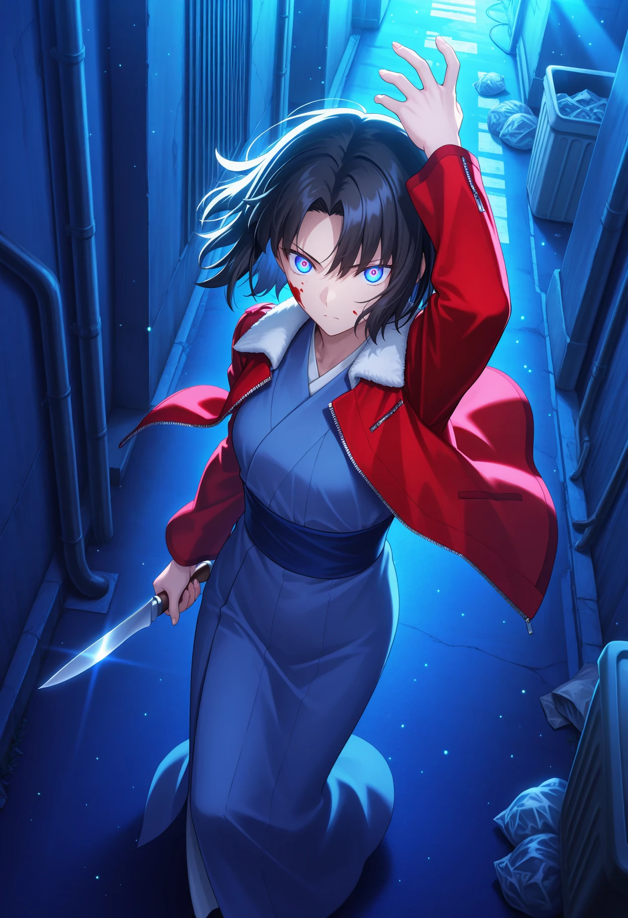 masterpiece,best quality, r_shiki, 1girl, solo, short hair, parted bangs, black hair, tsurime, blue eyes, glowing eyes, glowing, red fur-trimmed jacket,blue kimono, japanese clothes,sash,long sleeves, holding knife, weapon, serious, arm up, blood on face, light particles, light rays,  blue theme, alley, trash can,wall, from above, , dutch angle,  <lora:r_shiki_2_IL-100007:0.9>