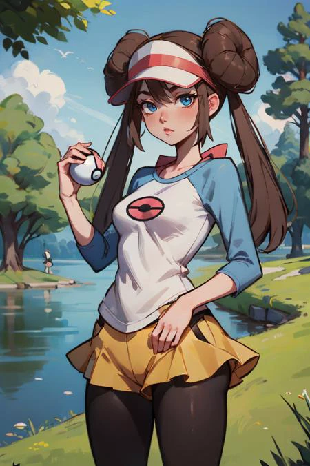 rosa_pokemon, visor, long brown hair, hair buns, twintails, blue eyes,raglan sleeves, long sleeves, yellow shorts, black pantyhose, looking at viewer, serious, standing, holding pokeball, medium shot, outside, park, lake, trees, blue sky, high quality, masterpiece, <lora:rosa_pokemon:.8>