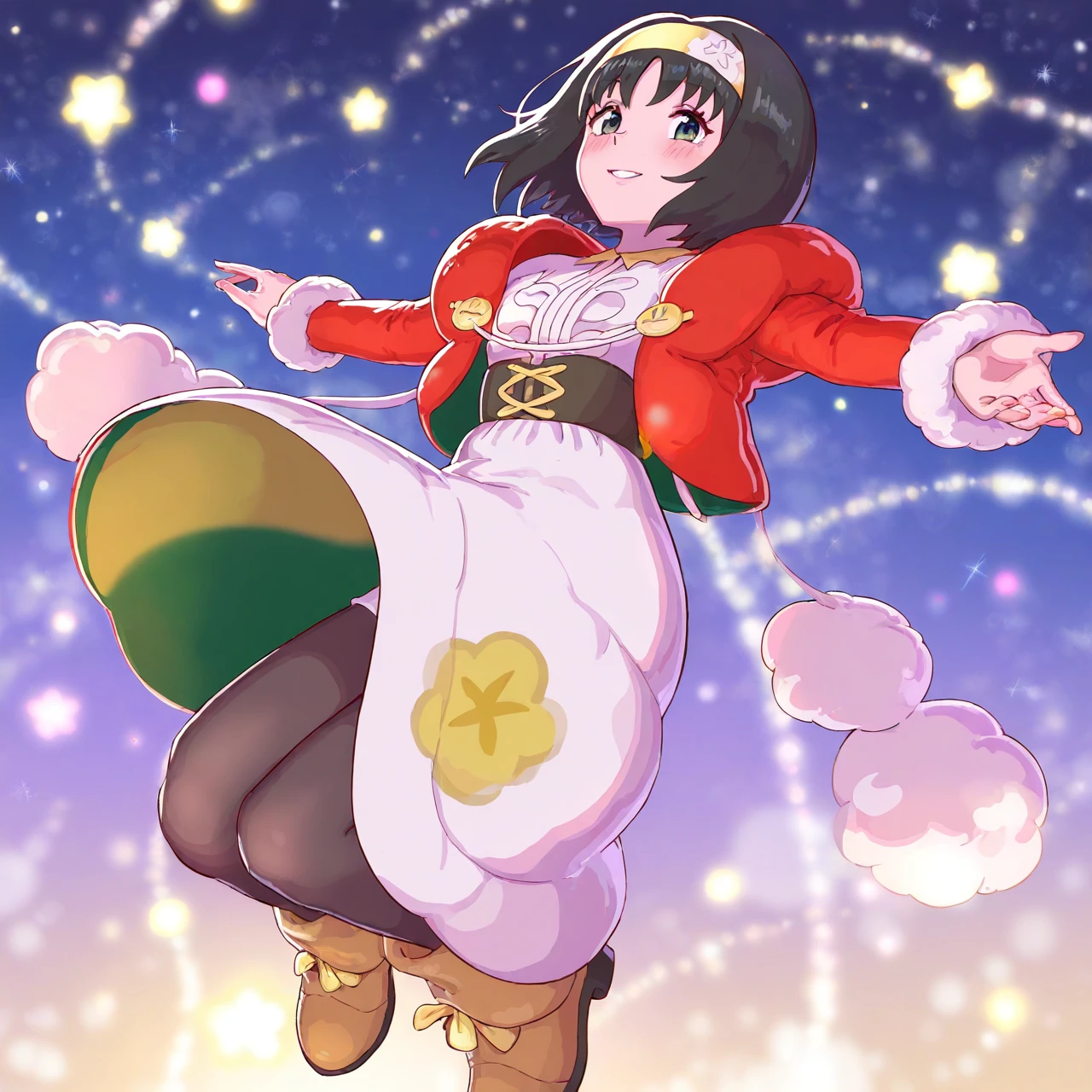 leveen, (1girl, solo,), jumping, full_body, close-up, stars, hearts, christmas_background, smiling, blush, holerika, erika_\(pokemon\), black_hair, short_hair, bangs, hairband, yellow_hairband, long_sleeves, official_alternate_costume, dress. white_dress, jacket, red_jacket, floral_print, long_dress, pantyhose, black_pantyhose, brown_footwear, masterpiece,best quality,amazing quality,very aesthetic,high resolution,ultra-detailed,absurdres,newest,volumetric lighting