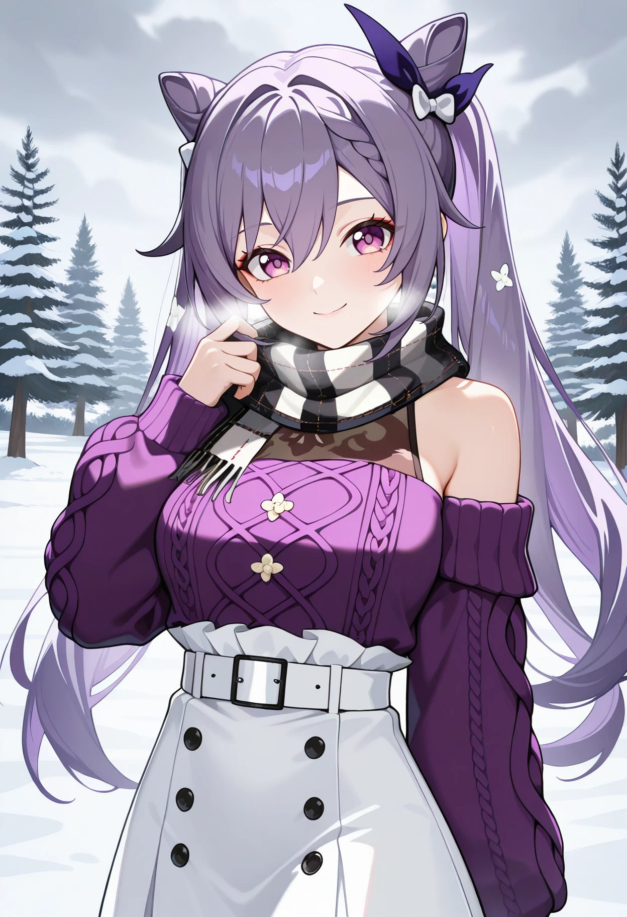 masterpiece, best quality, hires, absurdres, newest, 1girl, solo, <lora:keqing-gi-richy-v1_ixl:1> kqnglr, purple eyes, purple hair, long hair, twintails, double bun, cone hair bun, braid, hair between eyes, hair bow, medium breasts, black plaid scarf, purple sweater, cable knit, off shoulder, white skirt, high-waist skirt, white belt, smile, cold, snow, winter, outdoors, overcast, looking at viewer,