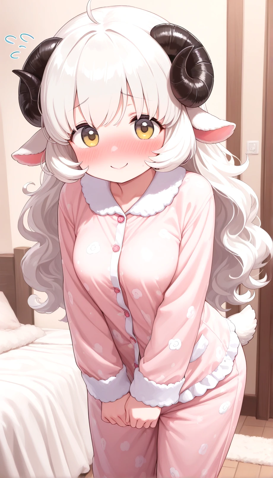 1girl,sheep girl,sheep ears,sheep horns,pajamas,gently smile,sheep tail,flying sweatdrops,nose blush,shy,wavy hair,white hair,bedroom,
masterpiece,best quality,good quality,masterpiece,amazing quality,very aesthetic,absurdres,newest,