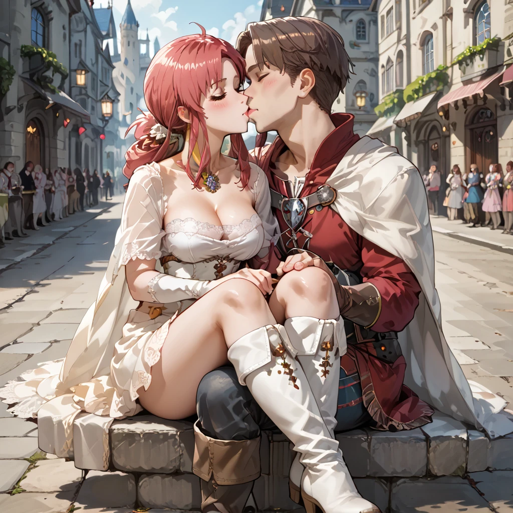 score_9,score_8_up,score_7_up, source_anime, soft lighting,nsfw, hires,high quality,best quality, castle town, street, 

medieval town, street, 1girl, 1boy,  kissing, size difference, taller man, shorter female, sitting,
<lora:Ethlyn_Fire_Emblem_Genealogy_of_Holy_War:1> ,def_ethlyn, white cape, boots, wedding dress, jewelry, knee boots, white footwear, collarbone, cleavage, big breasts,