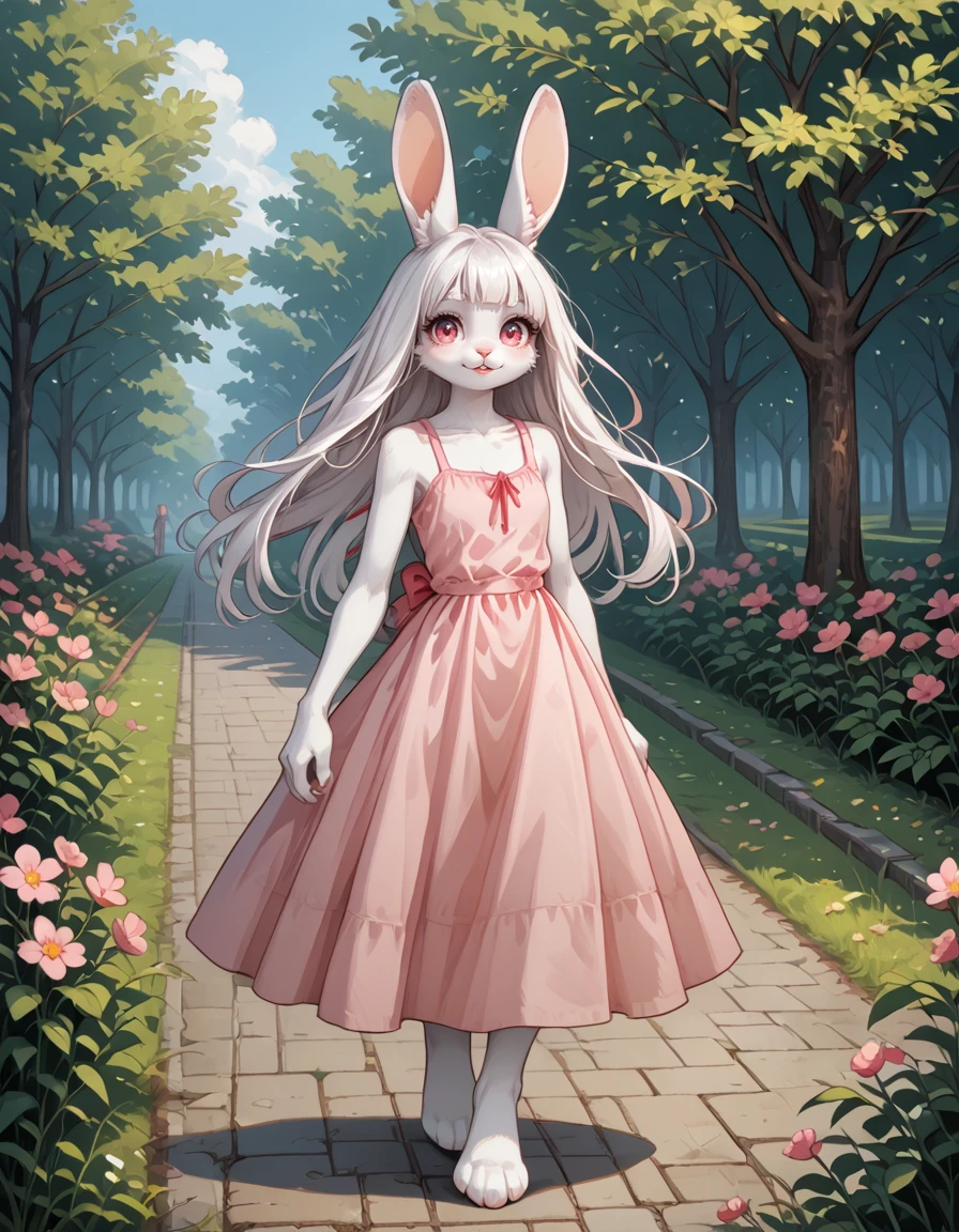 score_9,score_8_up,score_7_up,
outdoors, park, 
full body,seductive smile,parted lips,long eyelashes,pose,
sundress, 
<lora:Yukyo_v01_PDXL:1>,Yukyio,1girl,solo,furry female,rabbit girl,rabbit ears,animal ear fluff,rabbit tail,white hair,long hair,pink eyes,animal nose,snout,
<lora:add-detail-xl:1>,