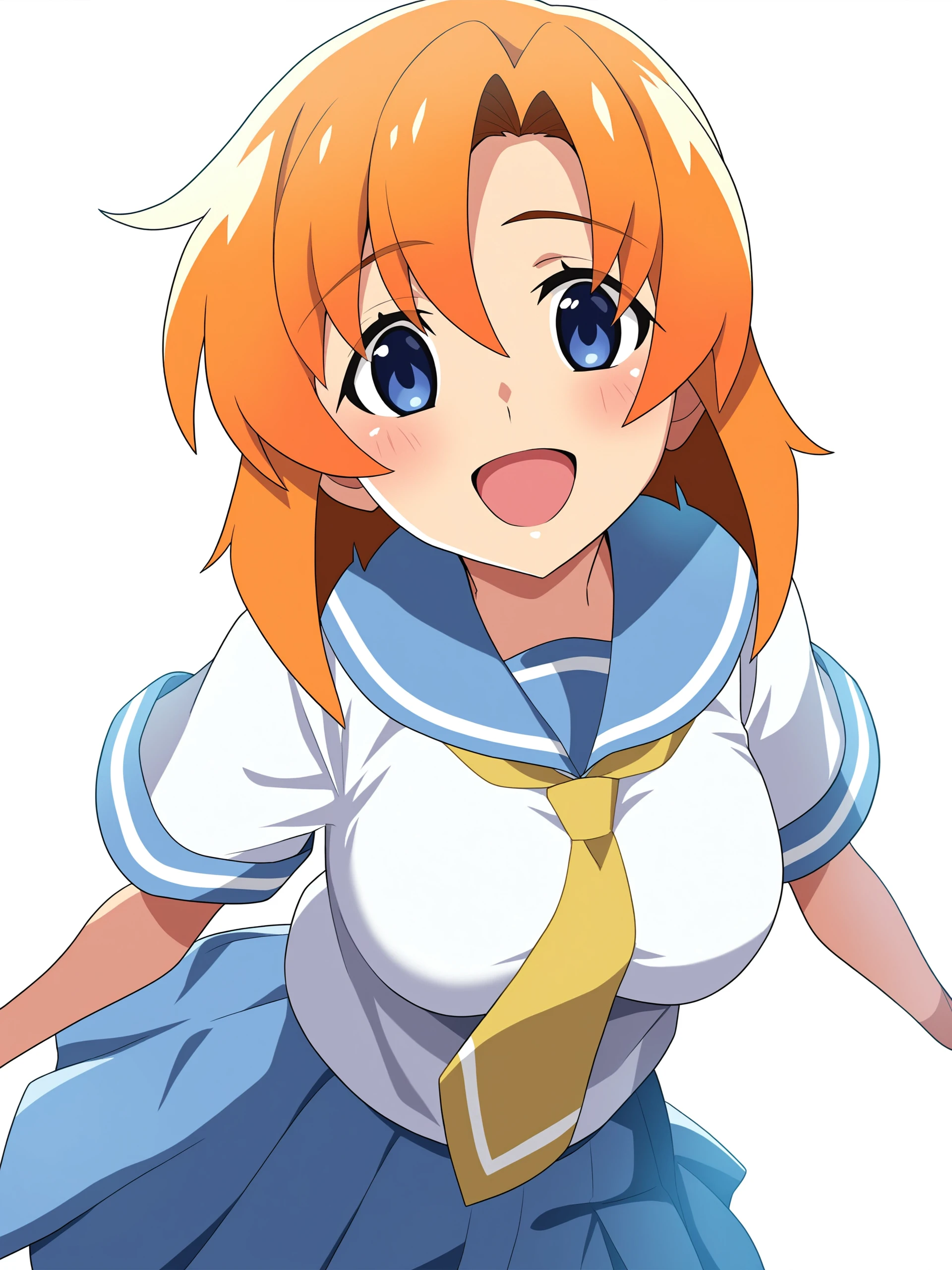 higurashimei, 1girl, ryuuguu rena, solo, breasts, medium breasts, blue eyes, blush, open mouth, orange hair, short hair, big breasts, simple background, white background, blue school uniform, serafuku, skirt, smile, pleated skirt, blue skirt, necktie, yellow necktie, looking_at_viewer, 
(masterpiece, best quality, absurdres, highres, newest:1.2), very awa, 