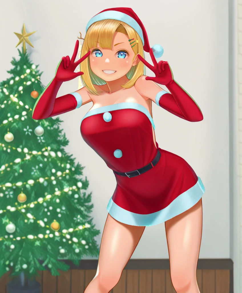 Clover, totally spies, blue eyes, blonde hair, santa outfit, standing, pussy, front door, black boots, santa hat, smile, half-closed eyes, long sleeves, black belt, open mouth