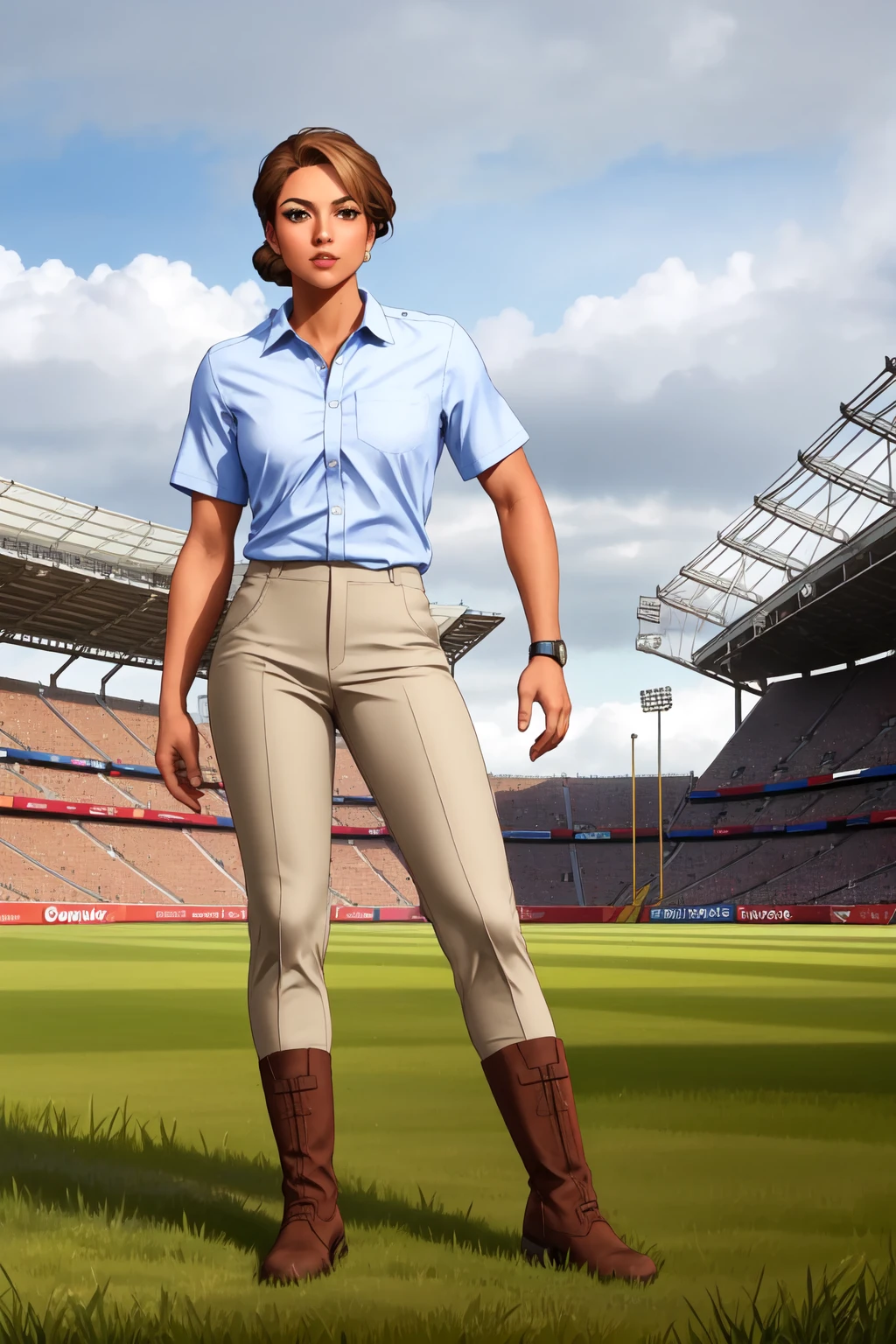 masterpiece, best quality, 1girl,<lora:JuliaLongshot15-000003:0.65>,(flat color,1990s \(style\),retro artstyle:1.1), JVascoLS,brown hair,short hair,hair bun,collared shirt,khaki pants,boots,full body,sports stadium,grass,grey skies,facing viewer, fcDetailPortrait,detailed background