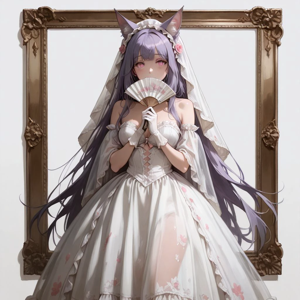 masterpiece, highres, absurdres, newest, very awa, painting \(medium\), (flat color:1.1), simple background,  1girl, solo, cat ears, animal ear fluff, purple hair, pink eyes, wedding dress, white dress, white veil, see-through cleavage, frilled dress, frilled hairband, lace trim, white gloves, holding, hand fan, covered mouth,   
<lora:IL_grolaprod_wed008:0.3>