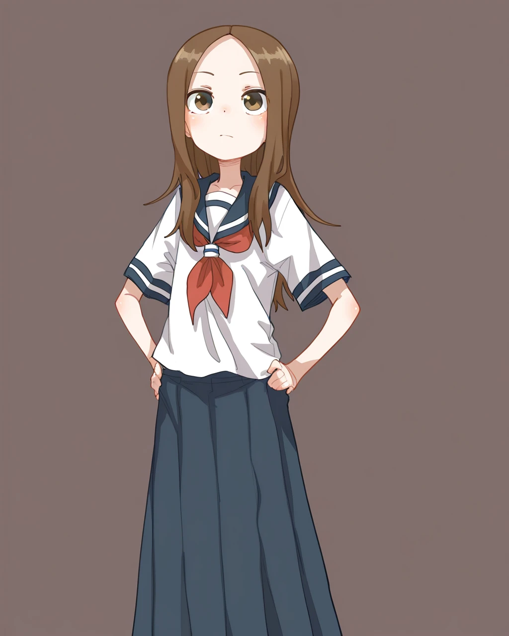 masterpiece, best quality, female child, ppka, 1girl, solo, takagisan, school uniform, white shirt, red neckerchief, blue skirt, expressionless, hands on hips, library