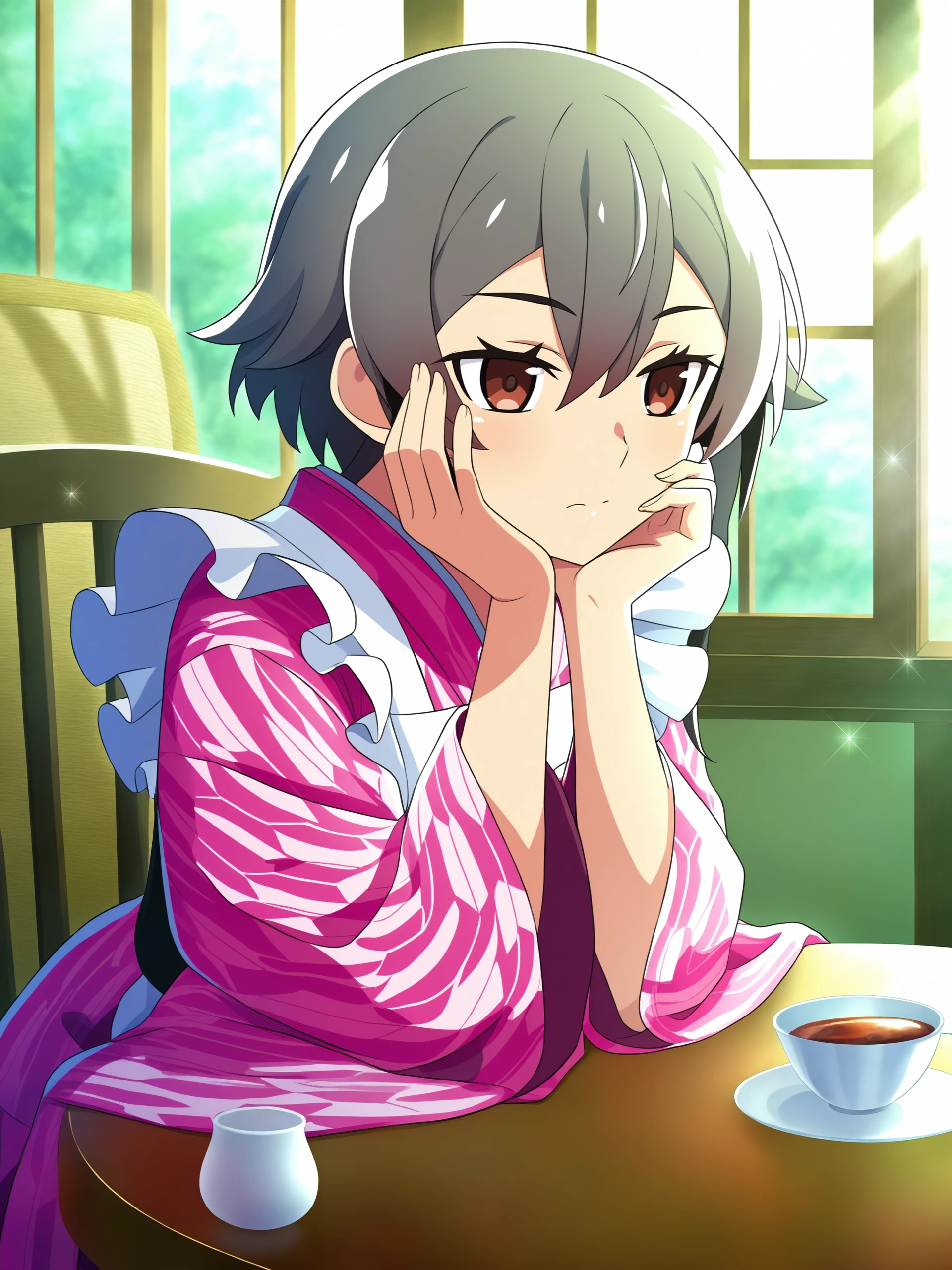 higurashimei, kimiyoshi kazuho, 1girl, solo, short hair, long sleeves, red eyes, hair between eyes, closed mouth, sitting, brown eyes, grey hair, frills, japanese clothes, indoors, kimono, cup, book, window, chair, table, sunlight, hand on own face, teacup, head rest, hand on own cheek, pink kimono, wa maid, yagasuri, 
(masterpiece, best quality, absurdres, highres, newest:1.2), very awa, 