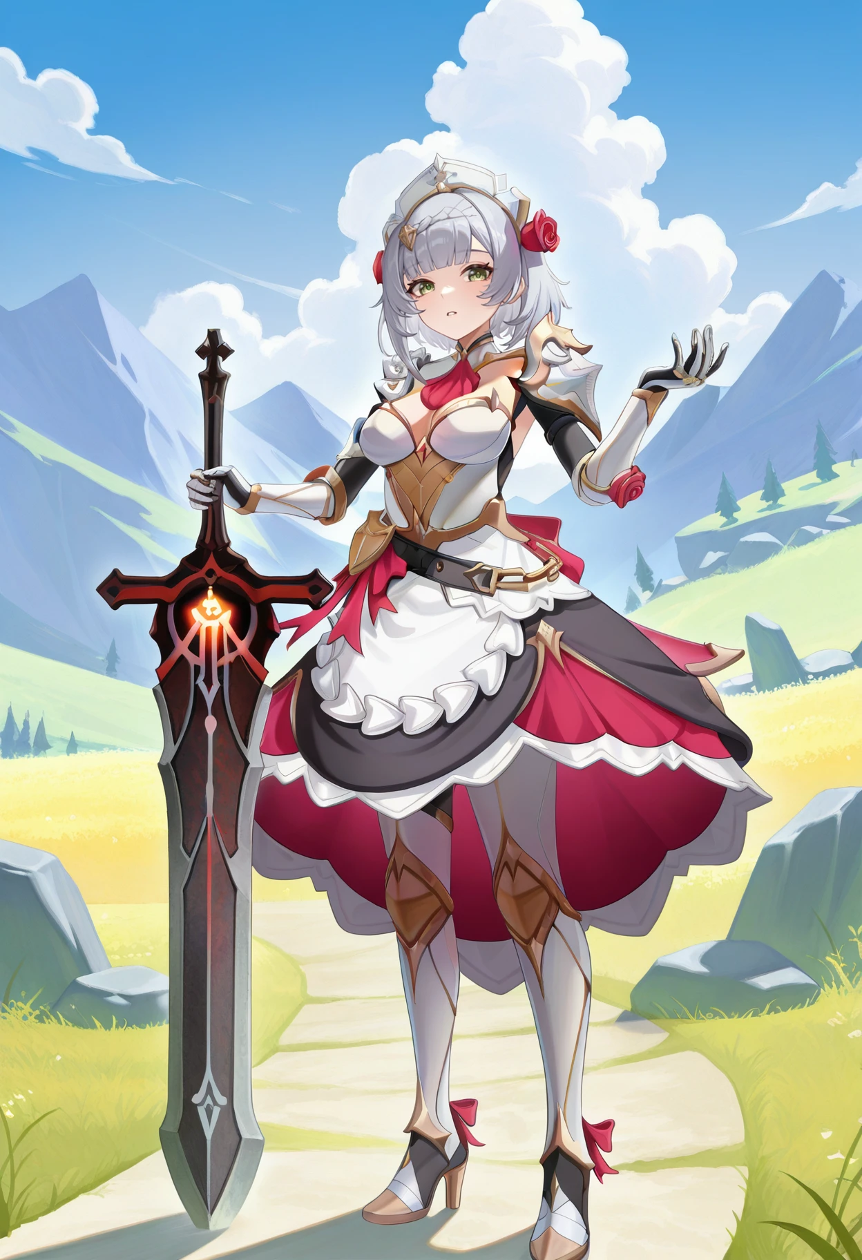 masterpiece, best quality, hires, absurdres, newest, 1girl, solo, <lora:noelle-gi-richy-v1_ixl:1> nldf, green eyes, grey hair, short hair, braid, blunt bangs, hair ornament, maid headdress, hair flower, red rose, pink ascot, breastplate, breasts, cleavage, bodystocking, shoulder armor, single shoulder pad, armored dress, white gauntlets, belt, maid apron, pantyhose, armored boots, high heel boots, standing, outdoors, greatsword, huge weapon, planted sword, parted lips, looking at viewer, wolf's gravestone \(genshin impact\), hand up, holding sword, field, rock, path, blue sky, cloud, genshin impact, mountainous horizon