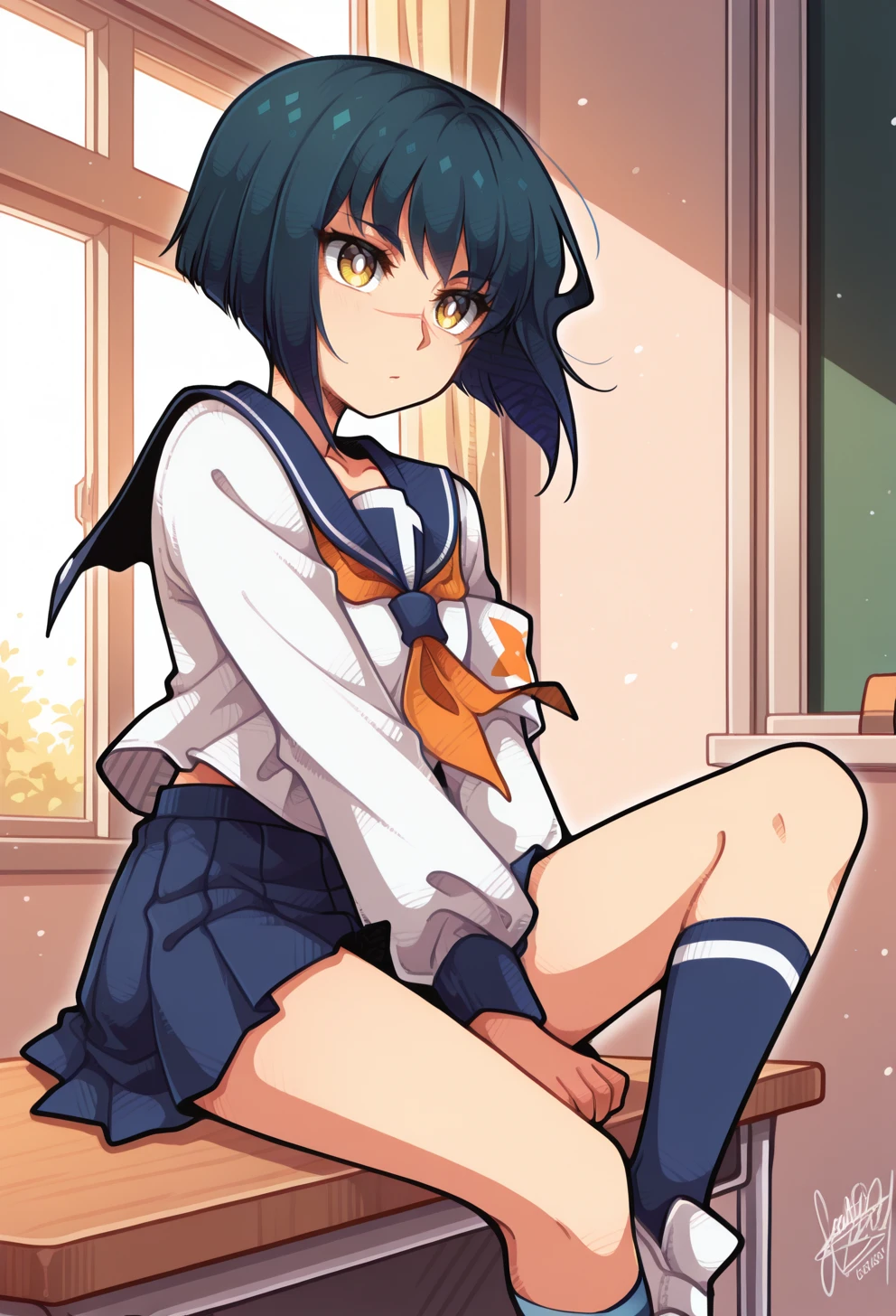 masterpiece, best quality, high quality, anime, solo, <lora:AETOKIKOILLX:0.9> 
AETokikoDef, yellow eyes, dark blue hair, bobcut, short hair, scar on nose, School uniform, serafuku, orange neckerchief, armband, long sleeves, blue skirt, pleated skirt, blue socks, kneehighs, White footwear,
<lora:AESTYLES:1.35> white pupils,