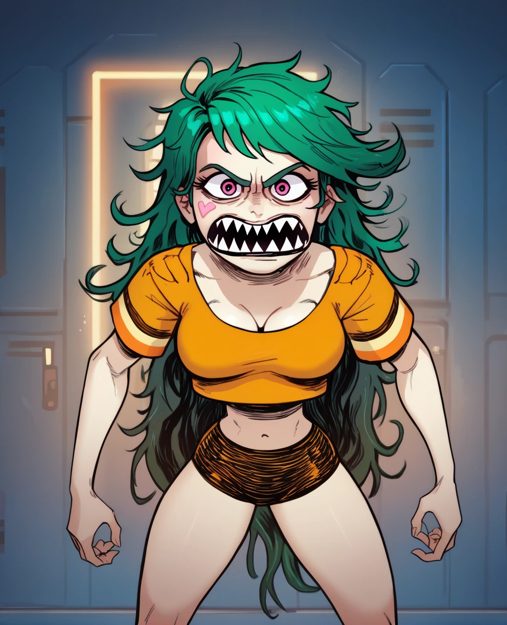 score_9,score_8_up,score_7_up,score_6_up,score_5_up,score_4_up,
Duleenaxl,pink eyes,green hair,bang,long hair,angry,messy hair,open mouth,heart on right cheek,
orange shirt,cleavage,sharp teeth,
standing,
science fiction,neon lights,locker room,
<lora:DuleenaDuneeda-12alt:0.9>,