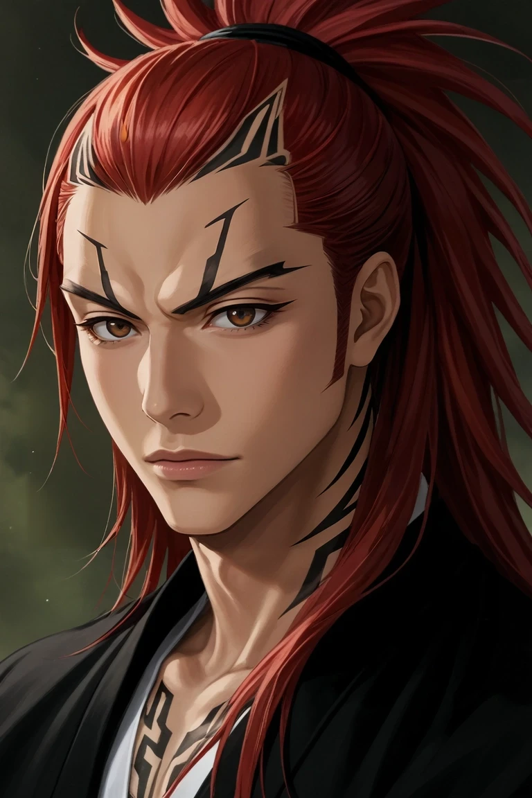 score_9, score_8_up, score_7_up, source_anime, rating_safe, intricate details, (realistic:0.6), , , 1boy, solo, male focus, <lora:renji_abarai_pony:1>, renji_abarai, red hair, brown eyes, spiked hair, long hair, ponytail, tattoo, , , , <lora:sdxl_lightning_8step_lora:1>