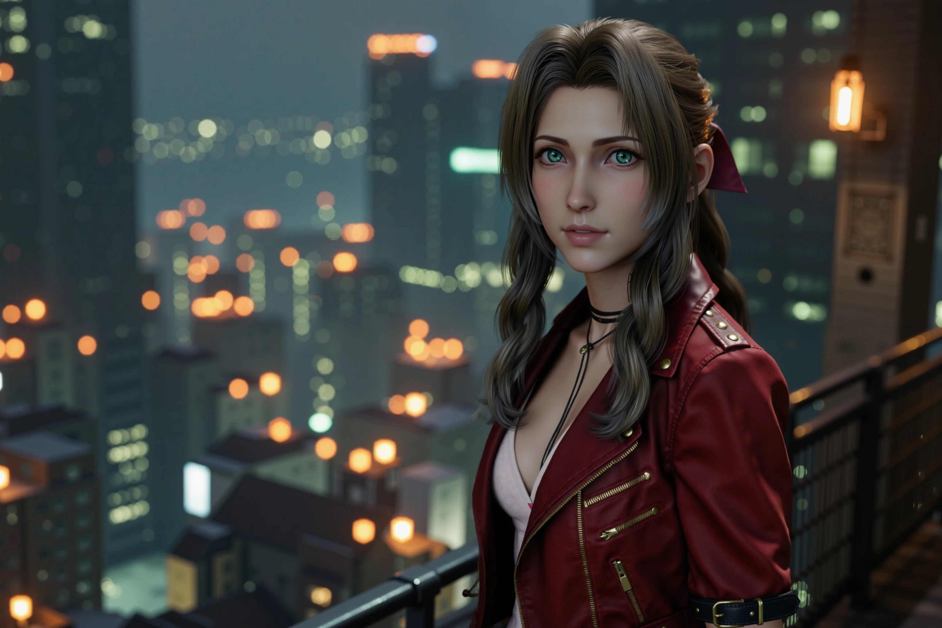 Analog photo of Aerith Gainsborough posing seductively on a balcony at midnight.
The balcony is part of an extremely tall building from which is possible to see the cityscape below.
The city is sci-fi looking, with several glowing hotspots of light, which are blurred by the shallow depth of field caused by a wide aperture., <lora:Flux:1.0>