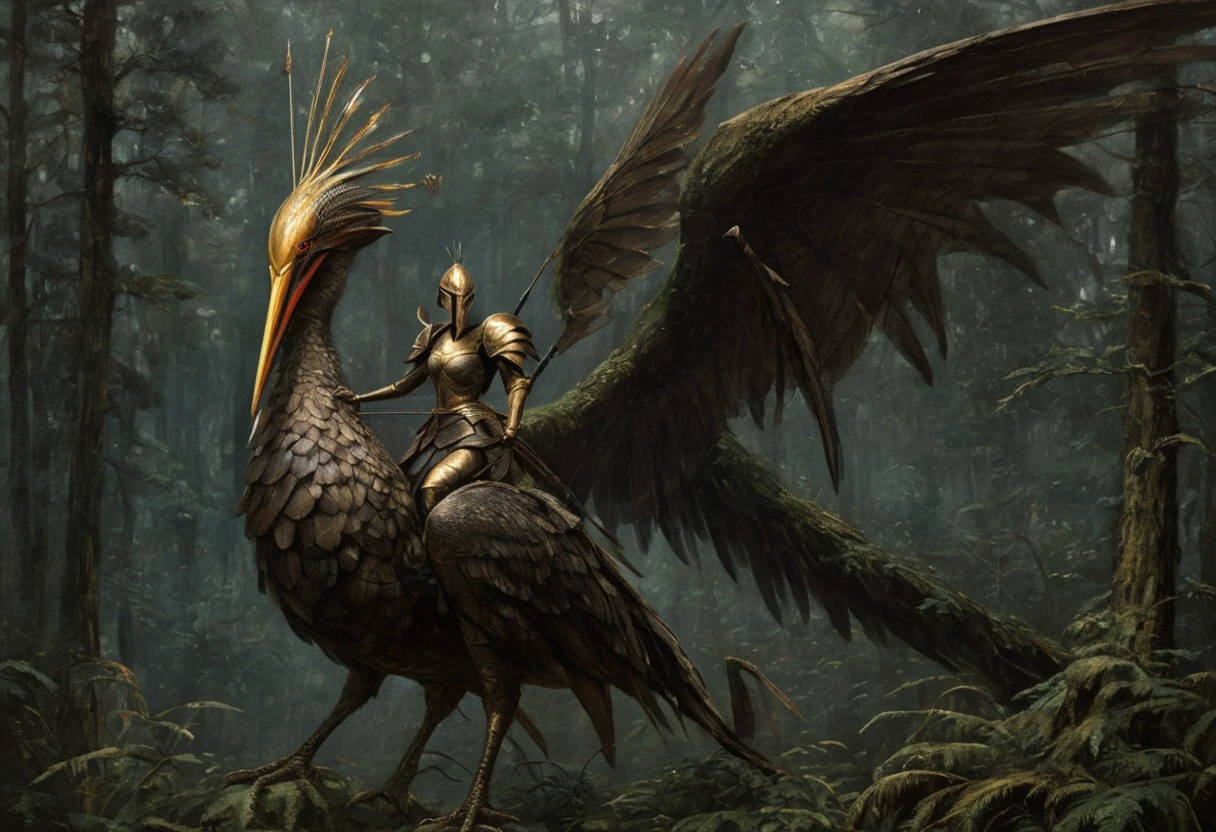 The image depicts a woman in armor, riding a large bird-like creature with a long neck and beak, set against a backdrop of a dark forest. The woman is dressed in a suit of armor, complete with a helmet and a bow and arrow in hand, while the creature has a long, curved beak and large wings that are folded against its back. painted art style,oil painting,