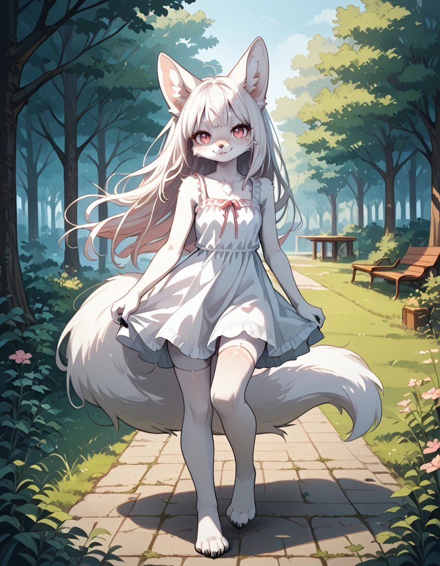 score_9,score_8_up,score_7_up,
outdoors,park, 
full body,seductive smile,parted lips,long eyelashes,pose,
sundress, thighhighs, 
<lora:Kytsune_v01_PDXL:1>,Kytsune,1girl,solo,furry female,fox girl,fox ears,animal ear fluff,fox tail,white hair,long hair,pink eyes,body fur,white fur,snout,animal nose,
<lora:add-detail-xl:1>,