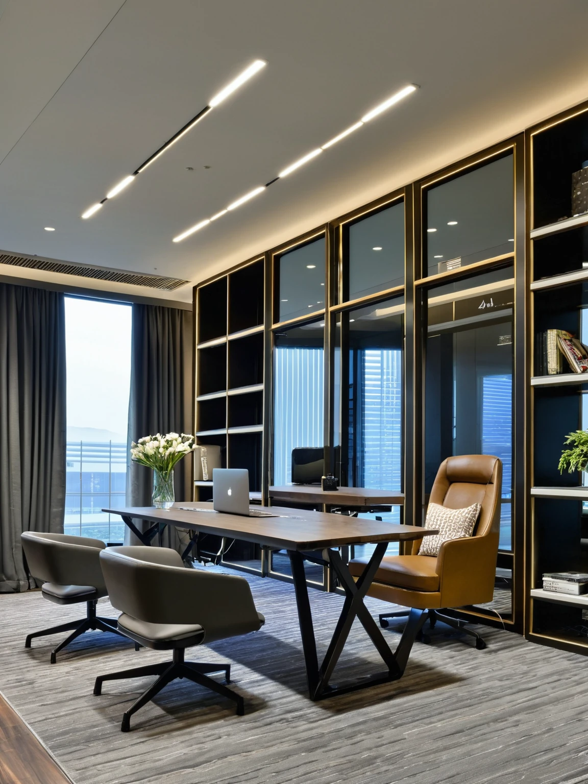 <lora:JJsOffice_Interior_XL:.8>, masterpiece , best quality, ((Office)), office, indoors, window, chair, table, scenery, ceiling, , floor, glass wall, monitor, keyboard, book, flower,dramatic lighting, panel, sofa, screen, lamp, vent,