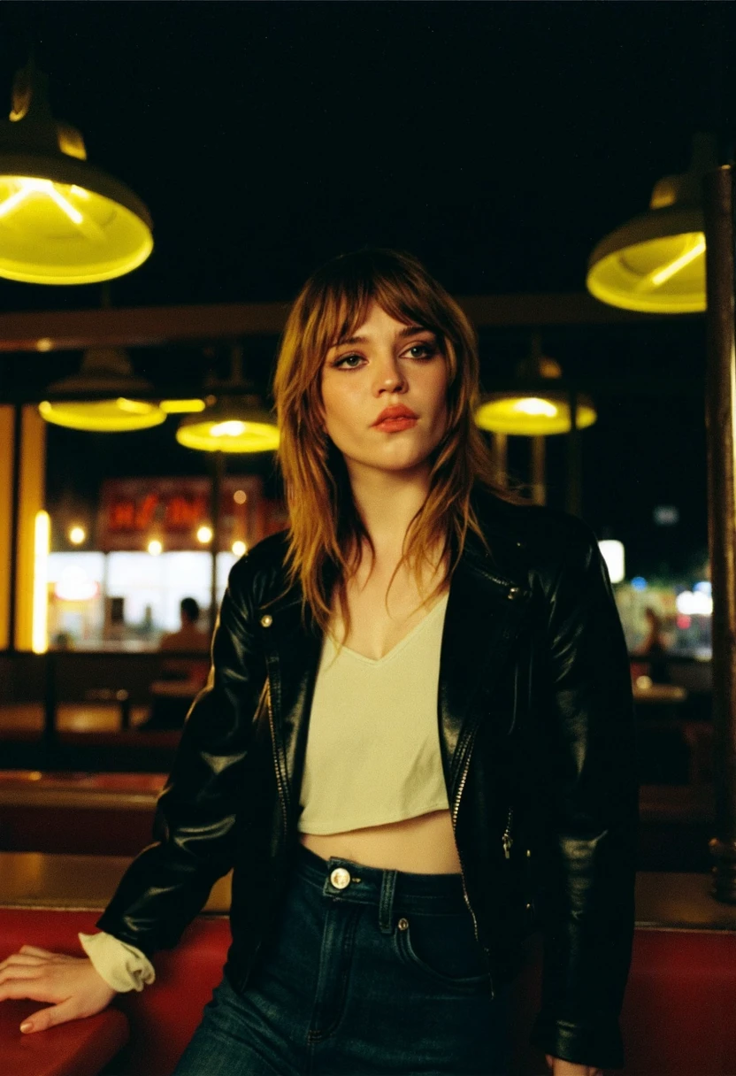 {    "T5": "A high-quality photo of Sophie Thatcher, shot with a medium format film camera using Kodak Portra 400 film, with an aperture of f/2.8 and a focal length of 50mm. The image is set in a dimly lit, 1950s-style diner at night, with a warm yellow glow emanating from the neon signs outside. Sophie sits at the counter, dressed in a fitted black leather jacket with a white button-down shirt and high-waisted, dark blue jeans. Her hair is styled in a effortless, piecey look, with strands framing her heart-shaped face. She has a relaxed, slightly smoky gaze, with her eyes gazing off into the distance. The overall mood is moody and nostalgic, with a sense of quiet introspection. The background is a blur of warm colors, with the diner's chrome accents and retro decor providing a sense of depth and texture.\n\nIn the style of a David Lynch film, the image is shot in a cinematic, atmospheric way, with a focus on capturing the mood and feeling of the scene rather than purely documenting the subject. The lighting is soft and diffused, with a subtle grain to the image that adds to the nostalgic feel.",    "CLIP": "young woman, pale complexion, blonde hair, dark roots, bangs, messy hair, 1950s-style diner, neon signs, leather jacket, white button-down shirt, high-waisted jeans, smoky eyes, moody, nostalgic, quiet introspection, David Lynch" }