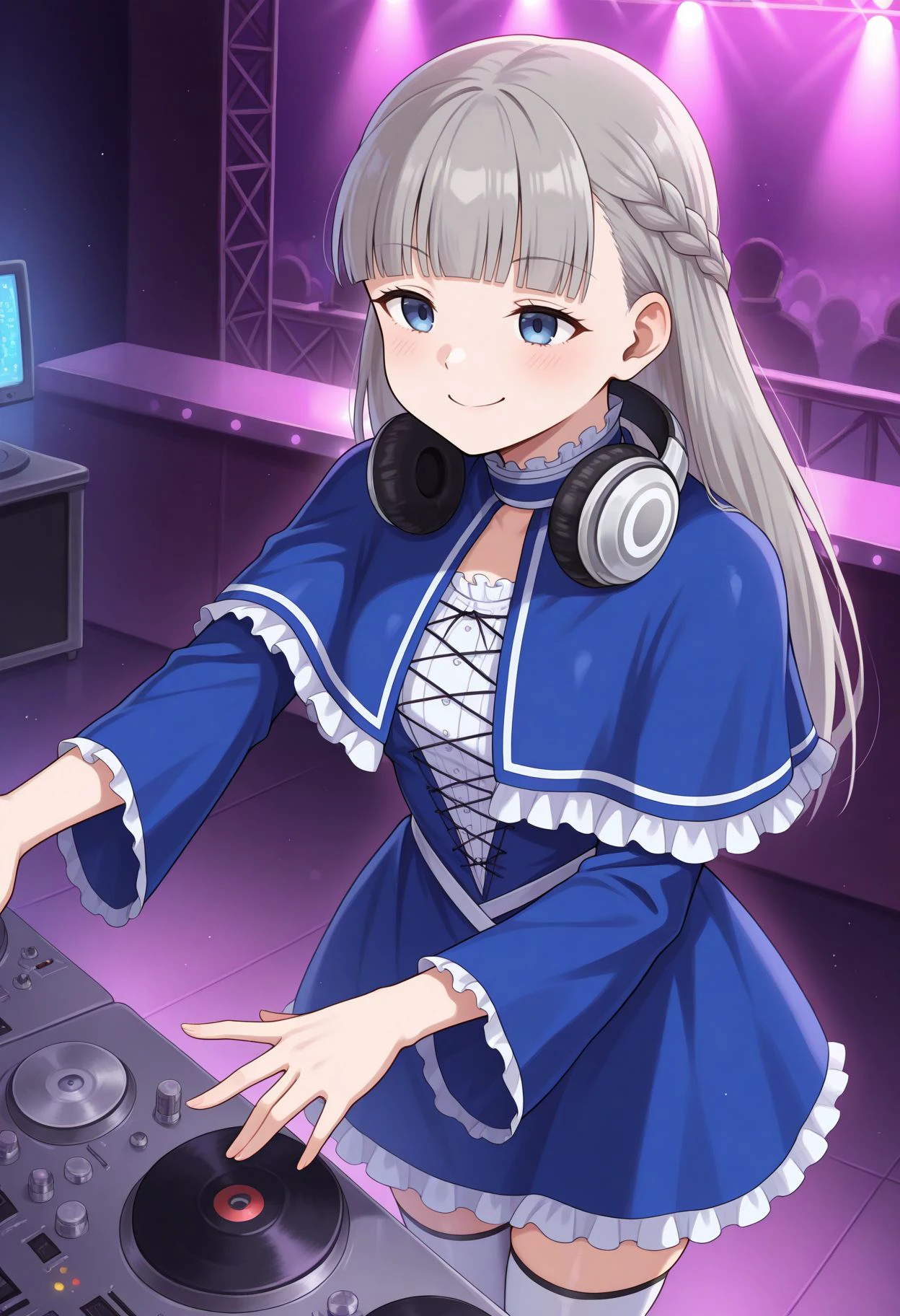 masterpiece, best quality, amazing quality, good qualit
indoors,nightclub,
smile,happy smile,
<lora:nightclub_dj_IL_v1:1>,club_dj,headphones around neck,cowboy shot,
 <lora:Lawine v2:0.8> 1girl, long hair, blue eyes, braid, grey hair, blunt bangs, blue dress, long sleeves, frills, blue capelet, capelet, frilled dress, cross-laced clothes, frilled capelet, white thighhighs