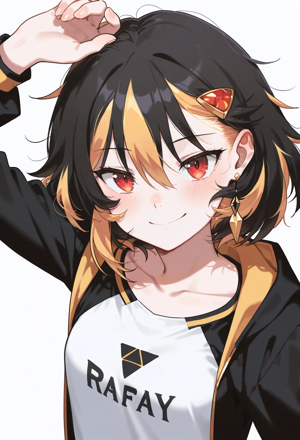 masterpiece, best quality, high quality, anime, solo, portrait, smile,  <lora:AEAliceIllx:1> AEAlice, red eyes, streaked hair, black hair, blonde hair, Multicolored hair, messy hair, medium hair, small breast, hair ornament, hairclip, single earring, black cloat, long sleeves, open coat, black hoodie, Hood down, White shirt, print shirt, raglan sleeves,