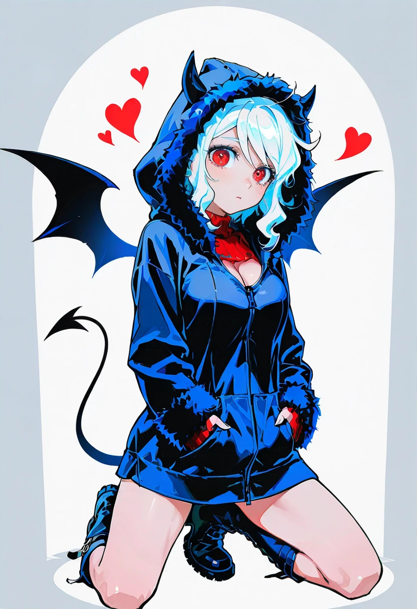 1girl,solo,looking at viewer,ikeda ruriko,y2k demon hoodie, hands in pockets, hood, boots, fur trim, jacket, animal hood, wings, demon tail,  modeus_(helltaker),red eyes,heart,kneeling,