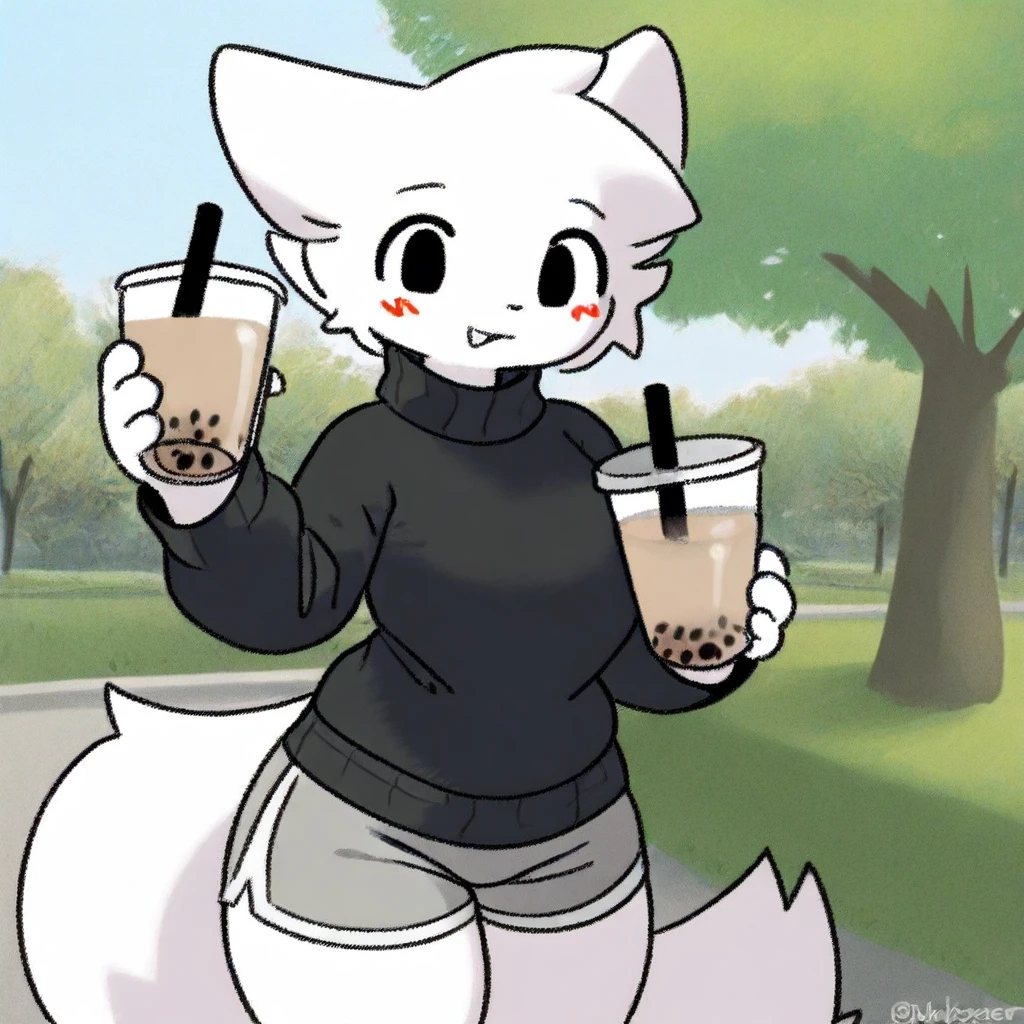 (2024, very aesthetic, newest, best quality, masterpiece), boykisser, solo, furry, cat, white fur, black eyes, black sweater, gray shorts, holding, bubble tea, park, park background