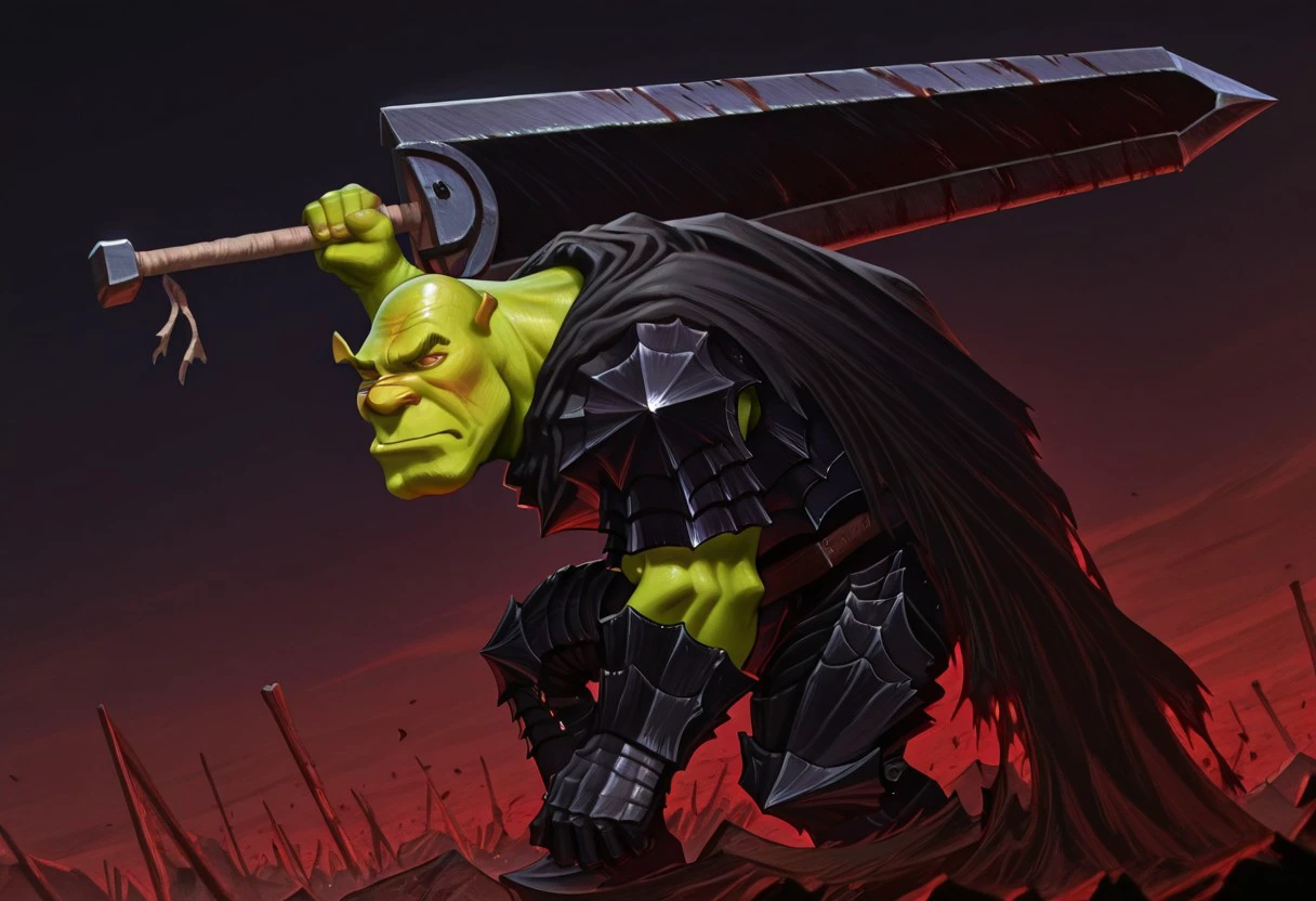 masterpiece, best quality, newest, absurdres, highres, berserk, 1boy, shrek, bald, green skin, Guts_Armor, brown eyes, scar on nose, black armor, full armor, torn cape, one eye closed, muscular male, DragonSlayerSword-Il.V1.0, wielding-dragonslayer, huge weapon, sword, holding sword, holding weapon,