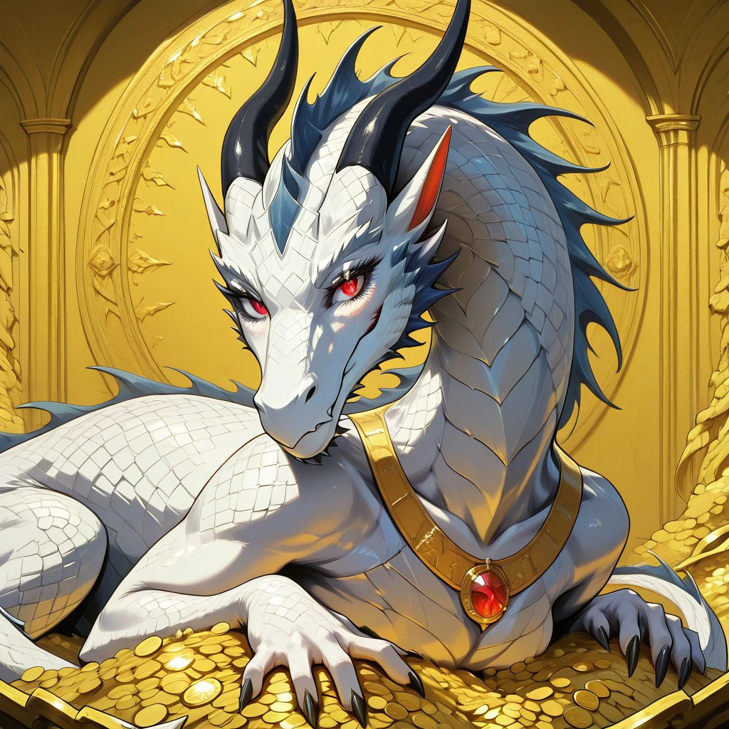 masterpiece, best quality, newest, absurdres, highres, DragonshoardIL, dragon, treasury, treasury-background, background, gold tresure, golden coins, coins, gold, tresurę chest, jewelry, dragon, white dragon, white scales, red eyes, looking at viewer,