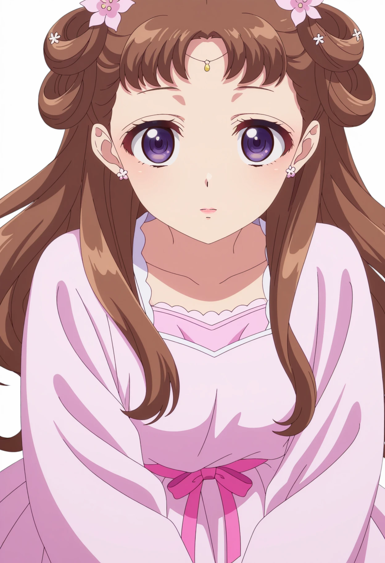 <lora:Lishu_illustrious-000030:1>,solo,
purple eyes,brown hair,long hair,looking at viewer,simple background,white background,transparent background,full_shot,pink dress